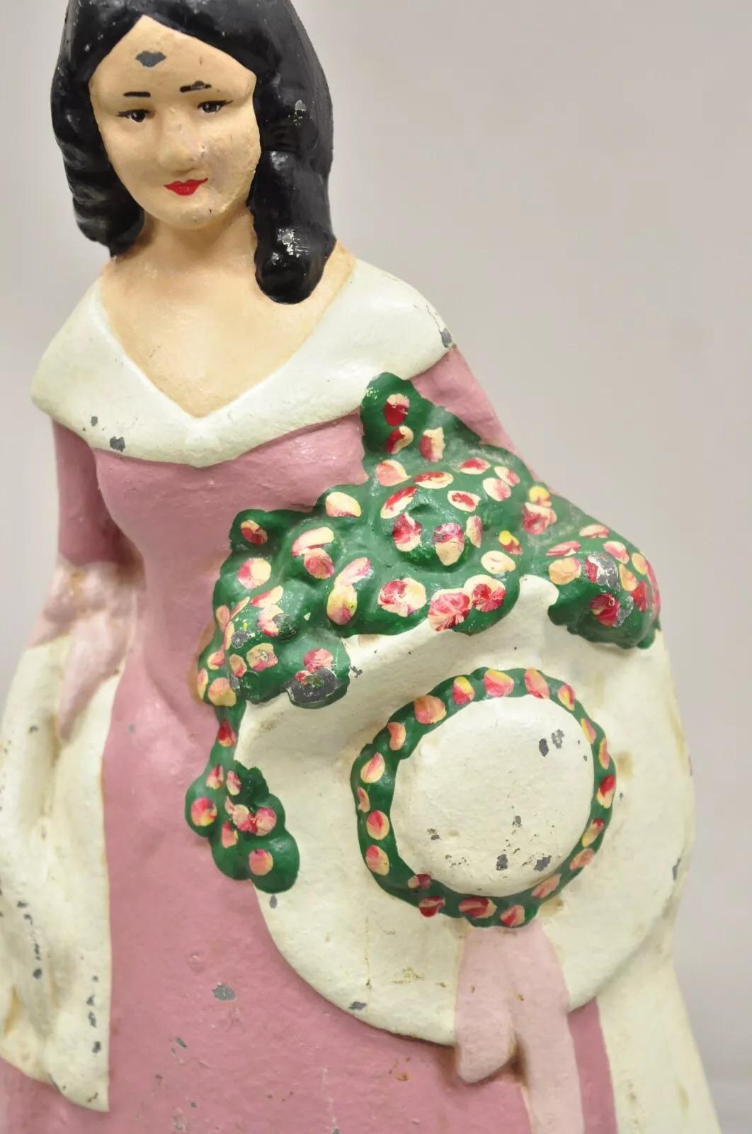 Early 20th Century Antique Victorian Tall Cast Iron Painted Figural Woman Pink Dress Door Stop For Sale