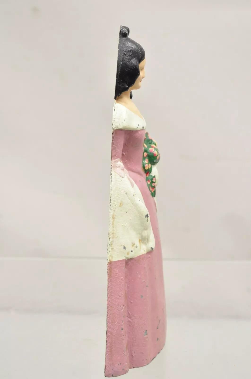 Antique Victorian Tall Cast Iron Painted Figural Woman Pink Dress Door Stop For Sale 2