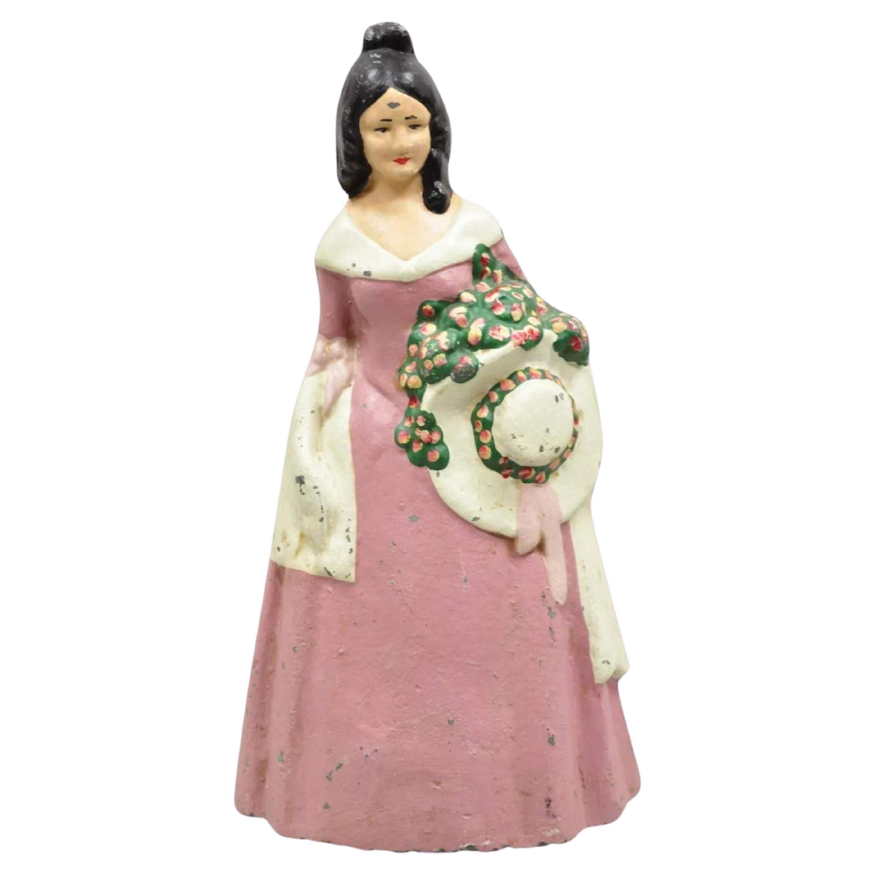 Antique Victorian Tall Cast Iron Painted Figural Woman Pink Dress Door Stop For Sale