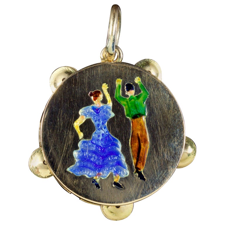 Antique Victorian Tambourine Pendant Enamel 18 Carat Gold, circa 1890