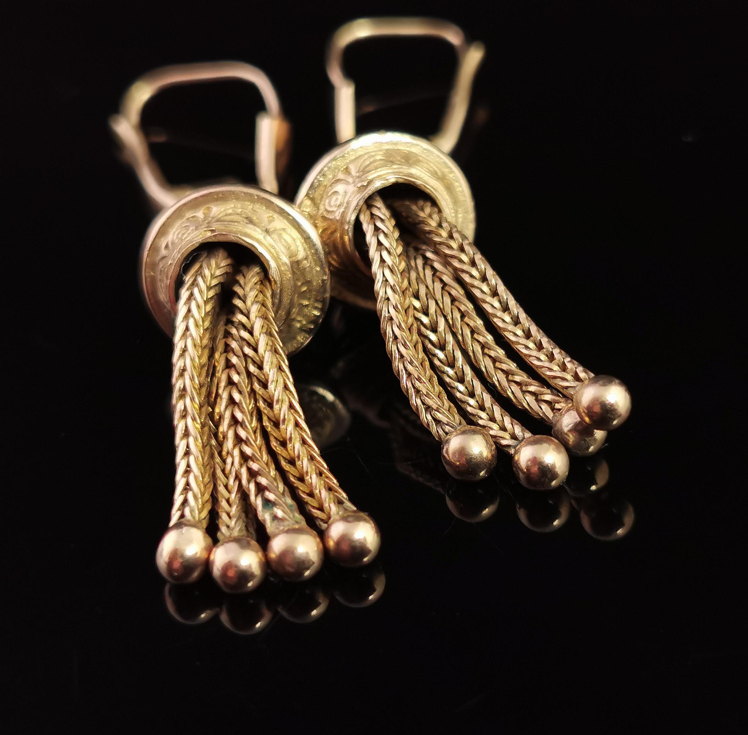 Women's Antique Victorian Tassel Earrings, 9 Karat Yellow Gold, Dangly Earrings