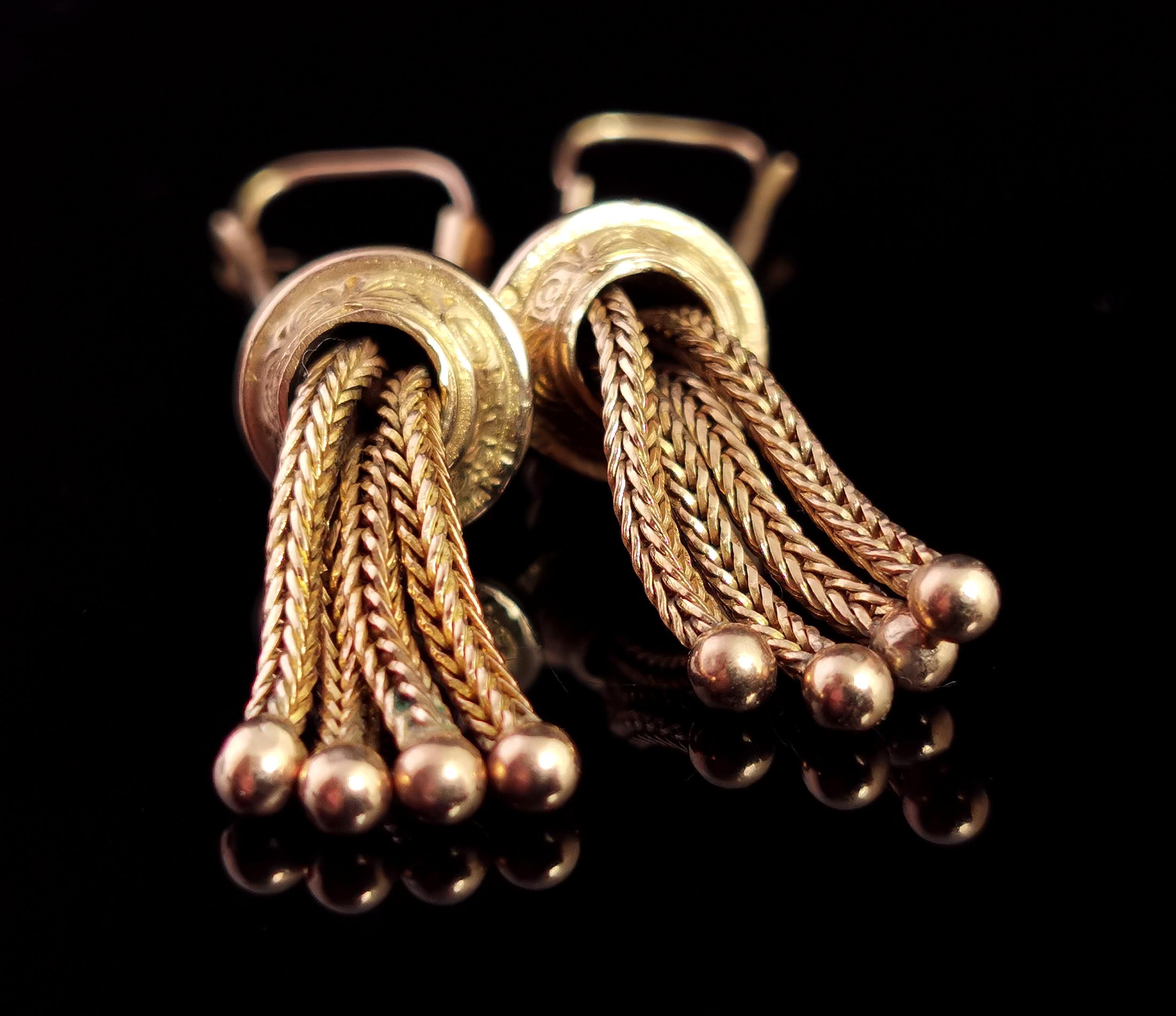 Antique Victorian Tassel Earrings, 9 Karat Yellow Gold, Dangly Earrings 1