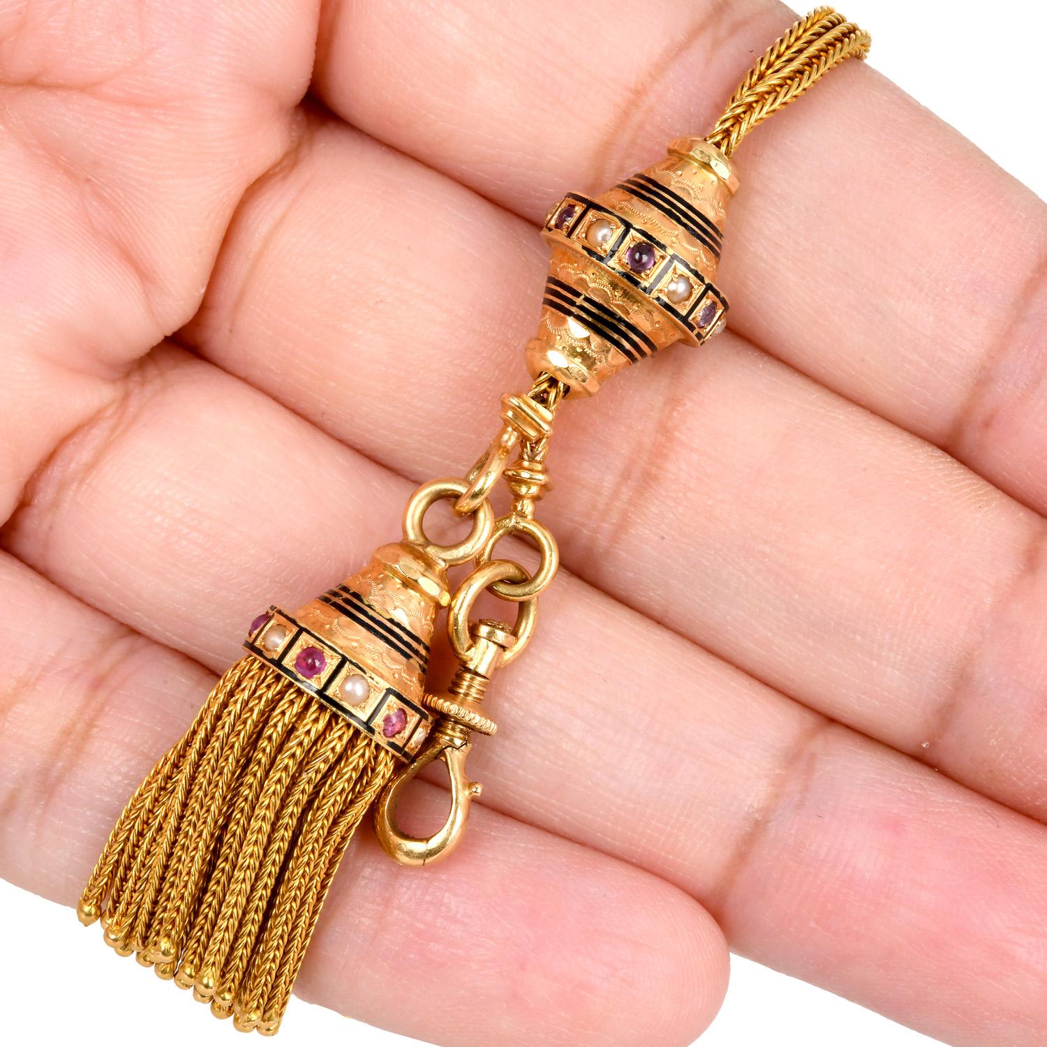 Antike viktorianische Quaste Fob Gold verstellbare Kette Halskette im Angebot 1