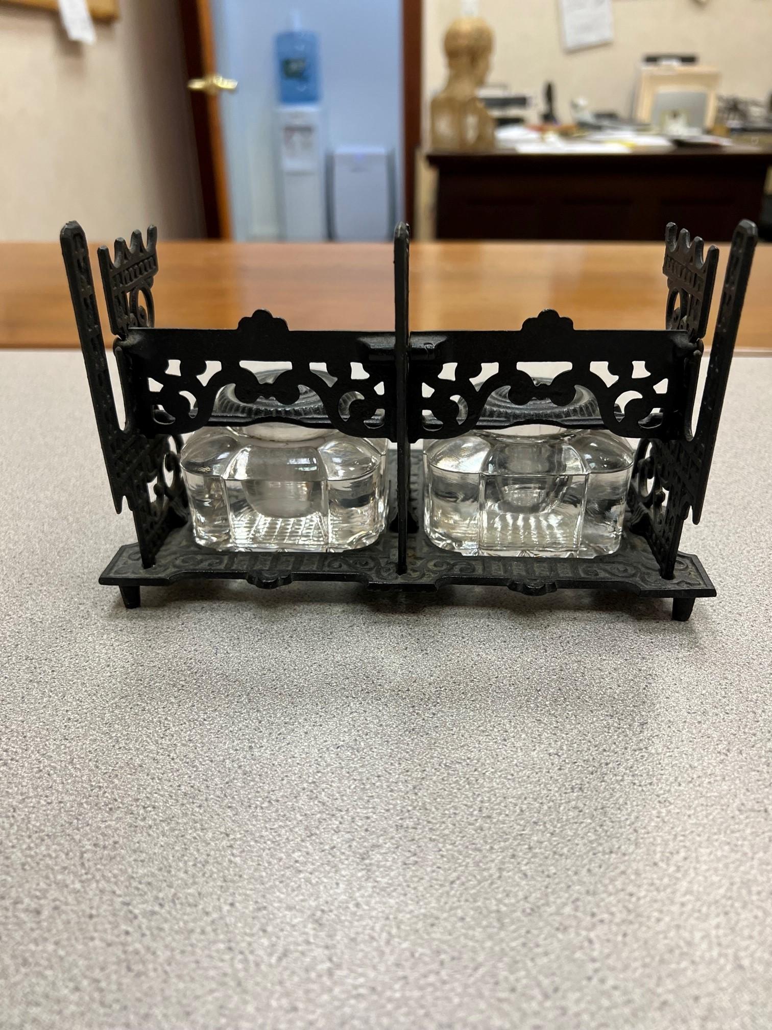 American Antique Victorian Tatum's Dual Postal Ink Stand with Two Crystal Inkwells For Sale