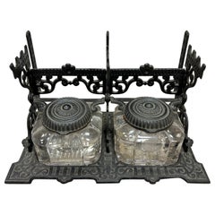 Antique Victorian Tatum's Dual Postal Ink Stand with Two Crystal Inkwells