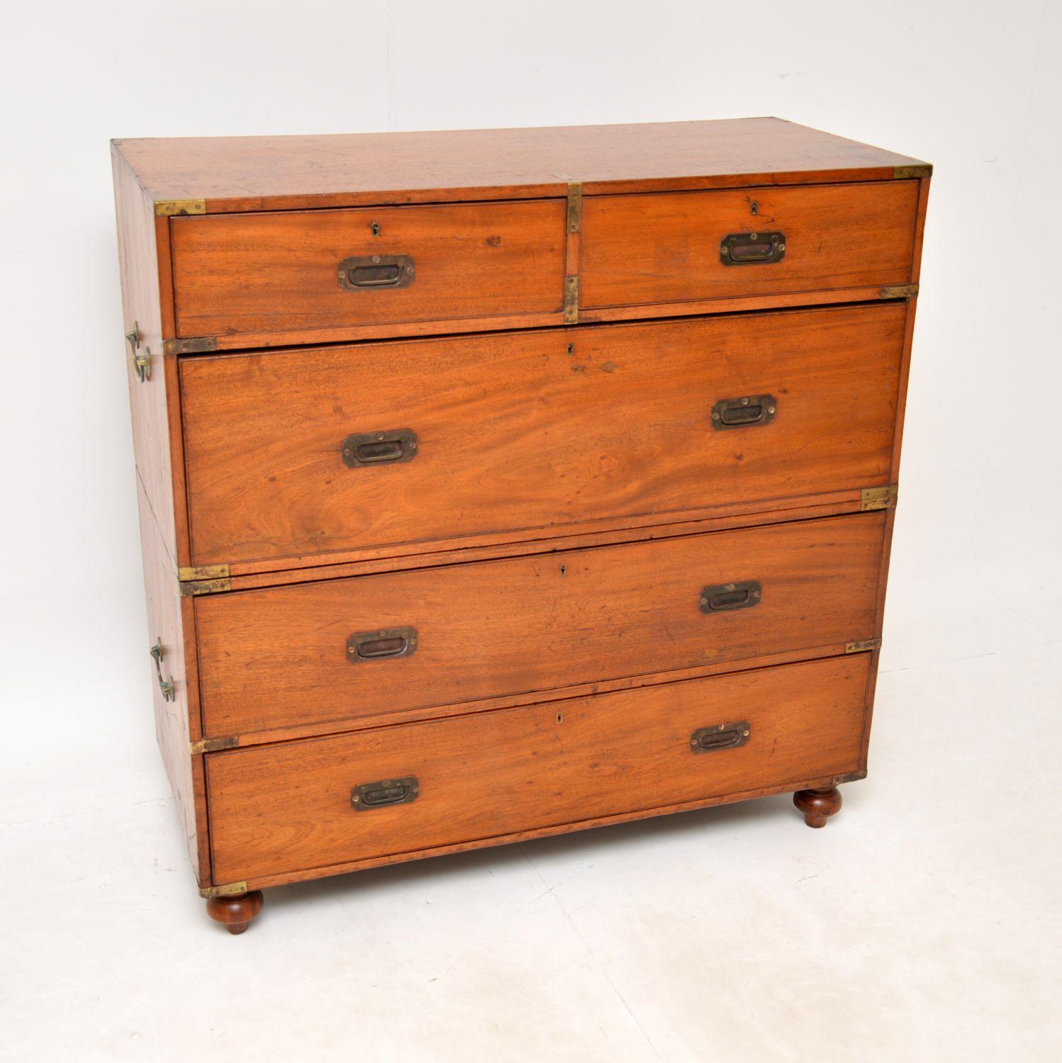 English Antique Victorian Teak Military Campaign Chest of Drawers