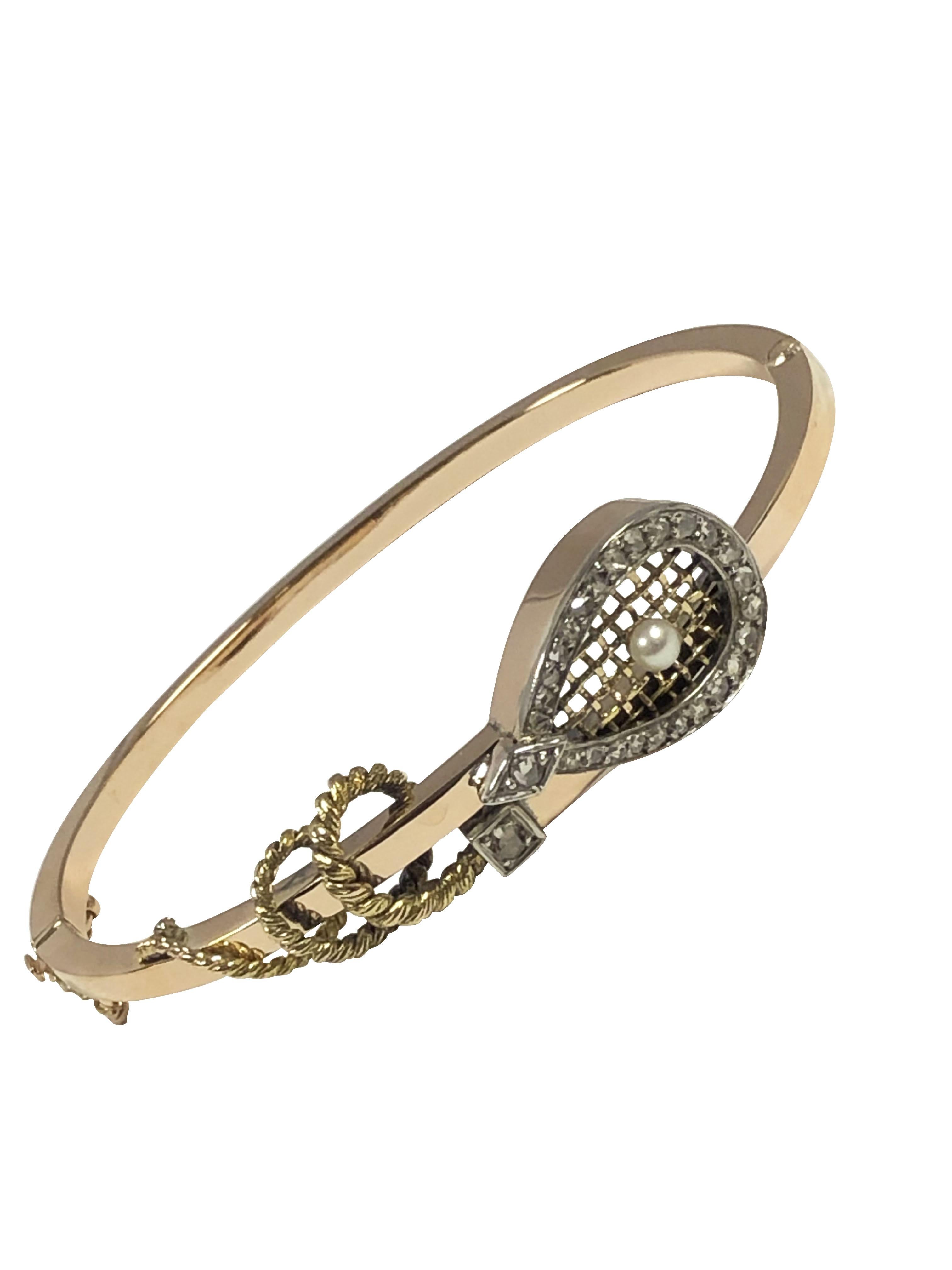 Rose Cut Antique Victorian Tennis Raquet Form Gold and Diamond Bangle Bracelet For Sale