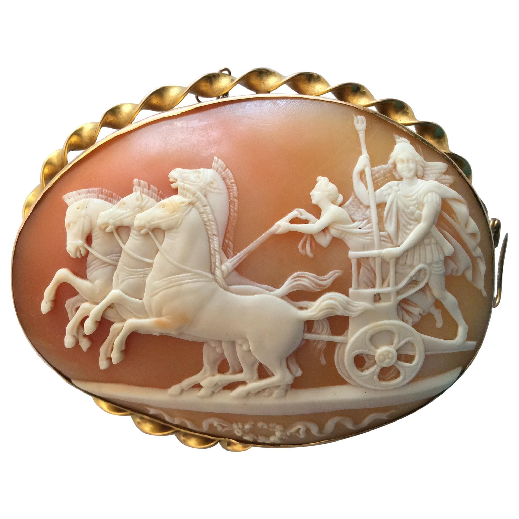 Antique Victorian The Triumph of Alexander the Great Shell Cameo Brooch For Sale