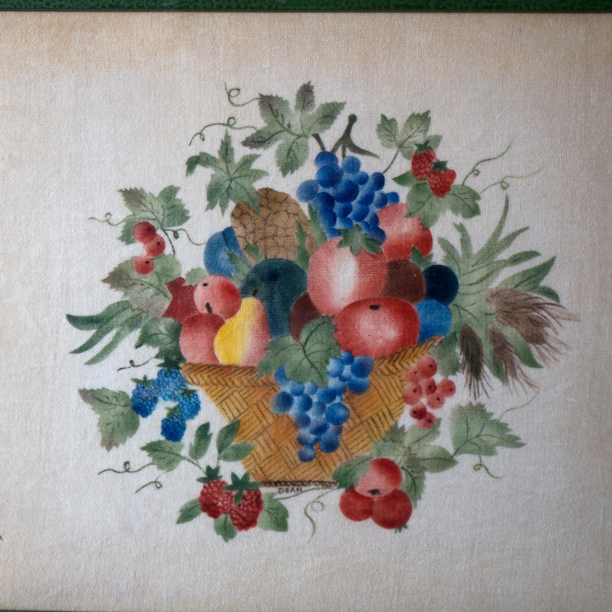 An antique Victorian theorem still life offers painting on velvet of fruit basket, seated in frame, 19th c

Measures- 12.25'' H x 14.25'' W x 1.25'' D.


