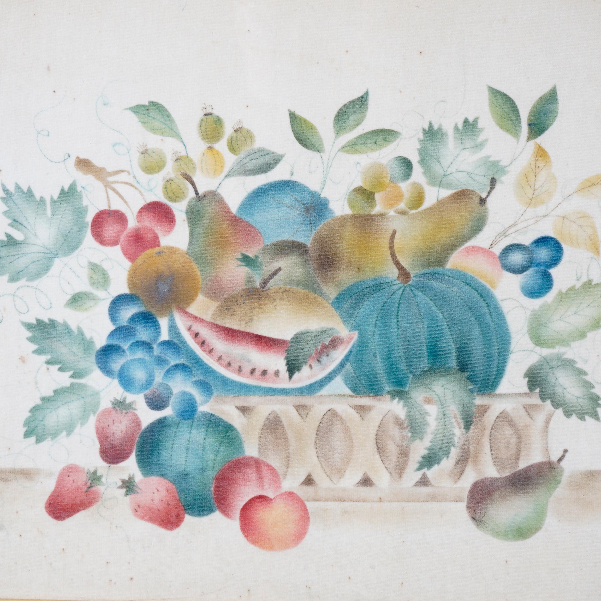 An antique Victorian theorem offers still life painting on velvet of fruit on table top, 19th century

Measures- 17.25''H x 22''W x 1''D; 19.5'' x 14.75'' sight.