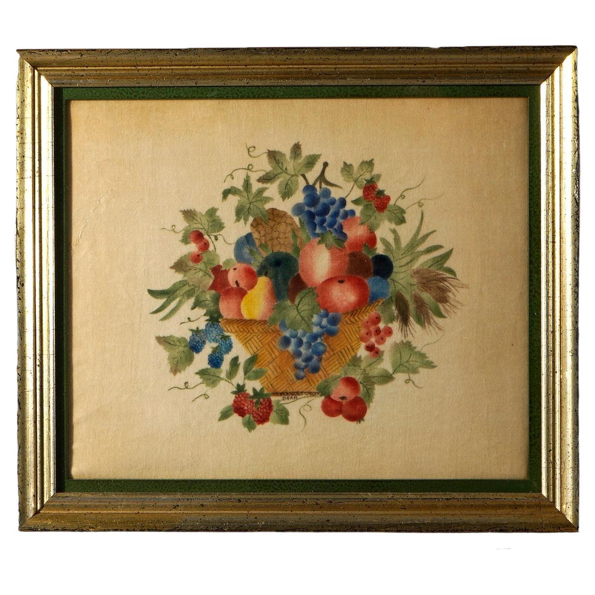 Antique Victorian Theorem Fruit Still Life Painting on Velvet, 19th C