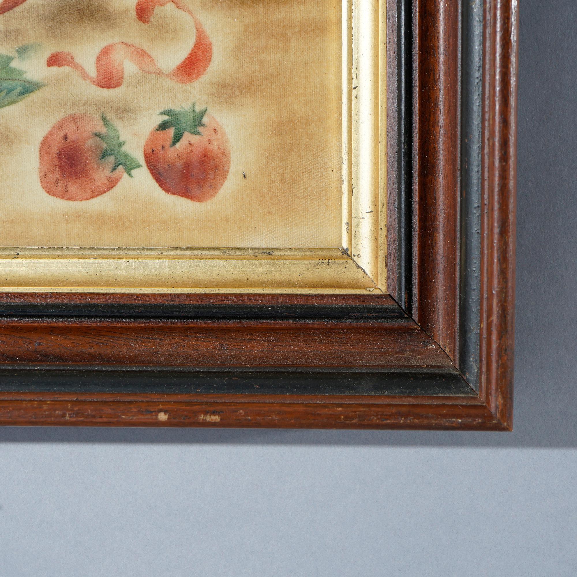 Antique Victorian Theorem Fruit Still Life Painting on Velvet, Framed, 19th C. 1