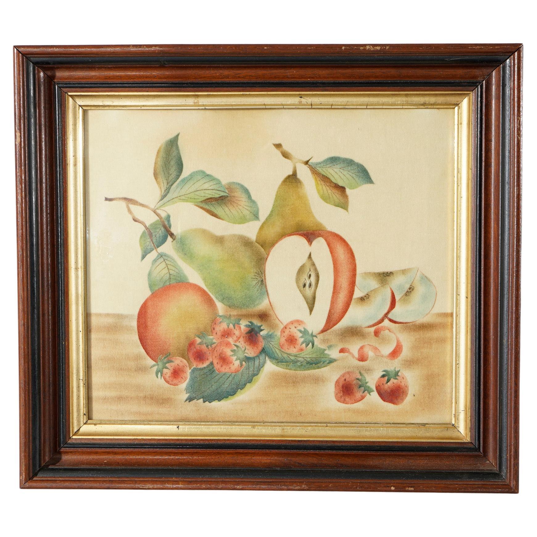 Antique Victorian Theorem Fruit Still Life Painting on Velvet, Framed, 19th C.