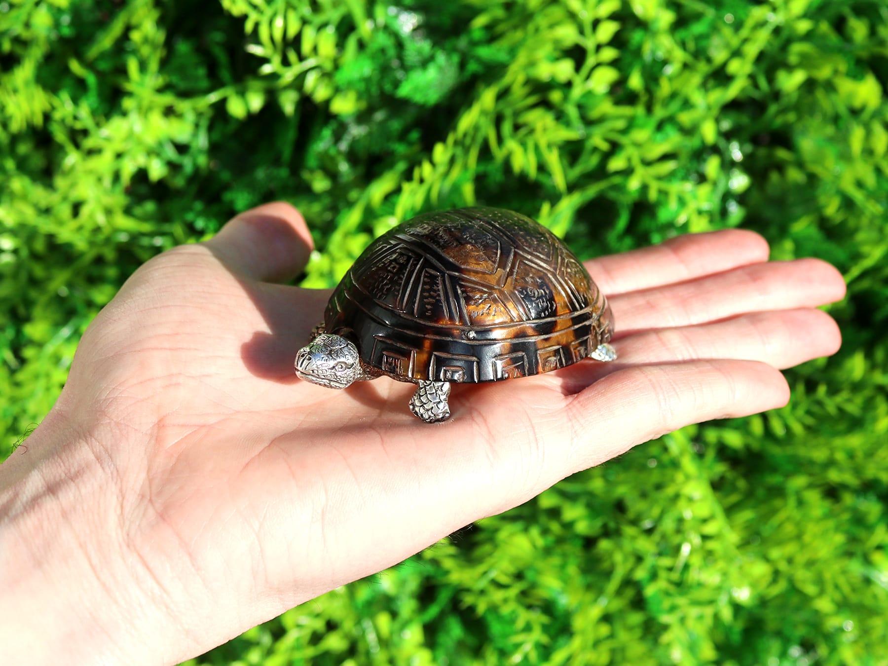 Eine außergewöhnliche, feine und beeindruckende, seltene antike viktorianische englische Sterlingsilber Vesta Box in Form einer Schildkröte modelliert; eine Ergänzung zu unserer ornamentalen Silberwaren Sammlung.

Diese außergewöhnliche antike