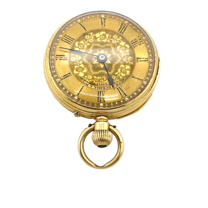 Este reloj de bolsillo está fabricado en oro amarillo de 18 ct y tiene una esfera dorada. Fue fabricado por Thomas Russell en Inglaterra en 1878. El reloj funciona perfectamente. Es un objeto de colección muy raro y sería un regalo
