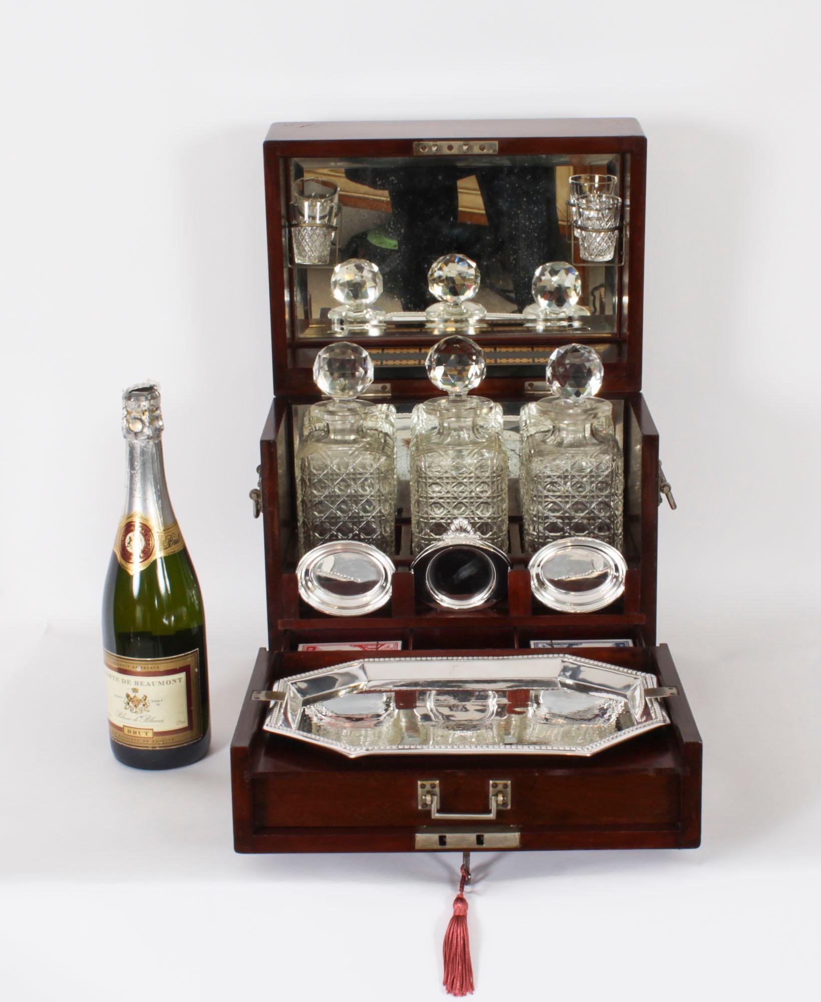 Antique Victorian Three Bottle Tantalus & Games Compendium 19th C For Sale 14