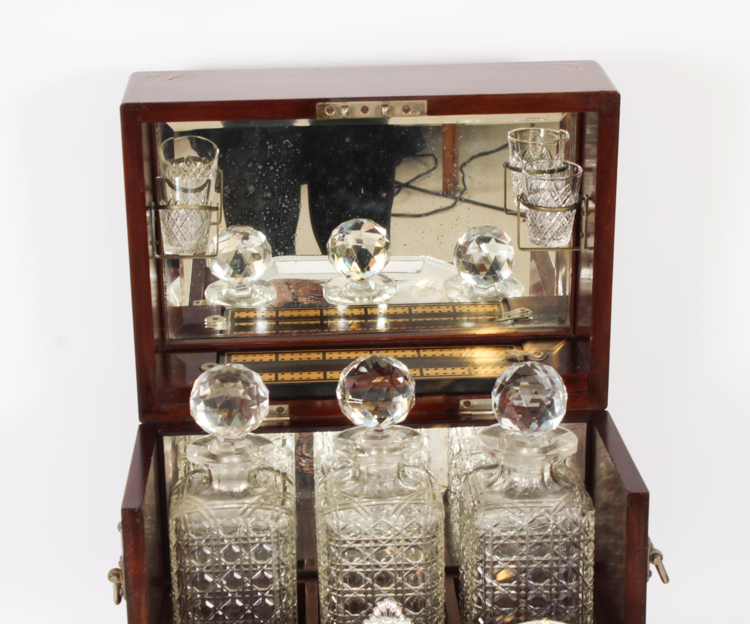 Late 19th Century Antique Victorian Three Bottle Tantalus & Games Compendium 19th C For Sale