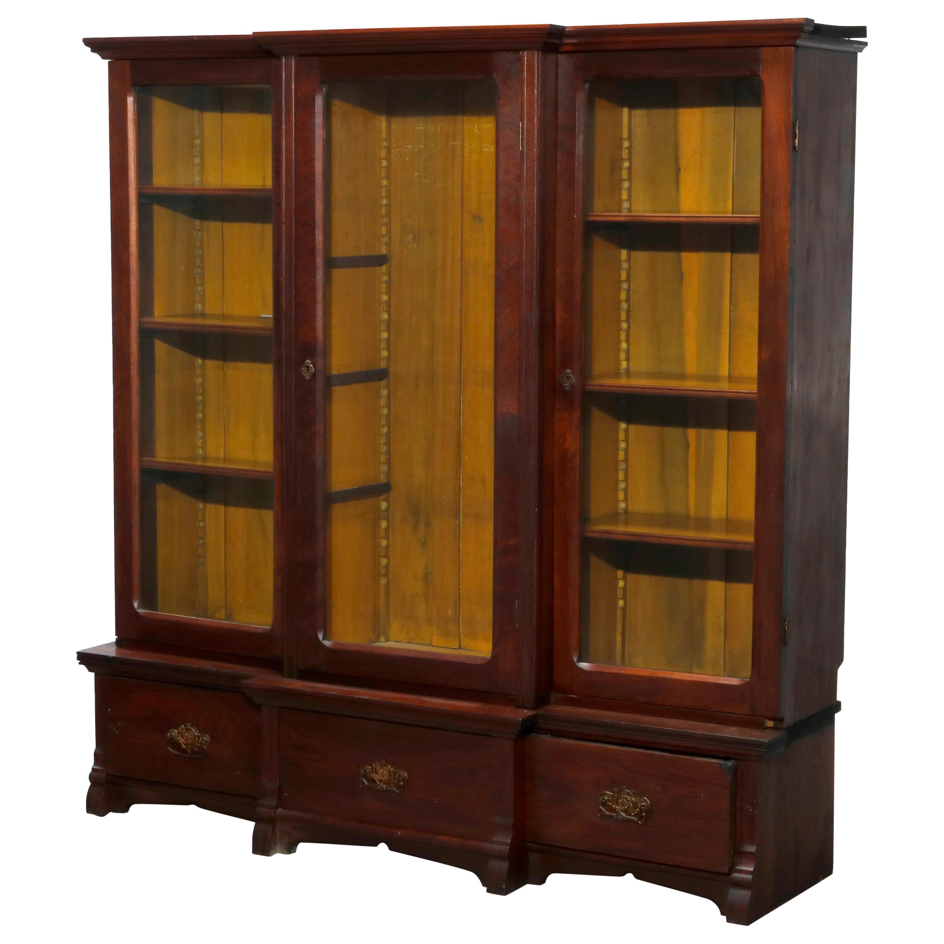 Antique Victorian Three-Door Mahogany Step Back Bookcase, Circa 1900