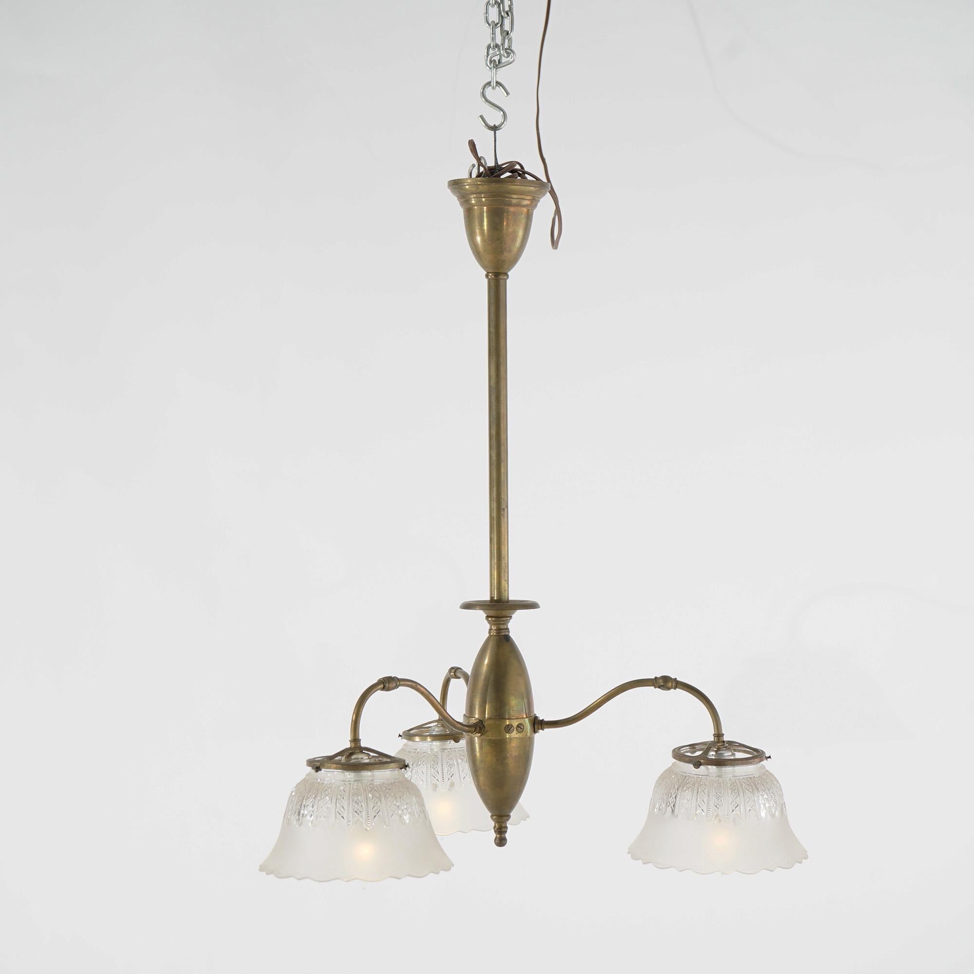 American Antique Victorian Three-Light Brass & Glass Early Electric Fixture, 19th C