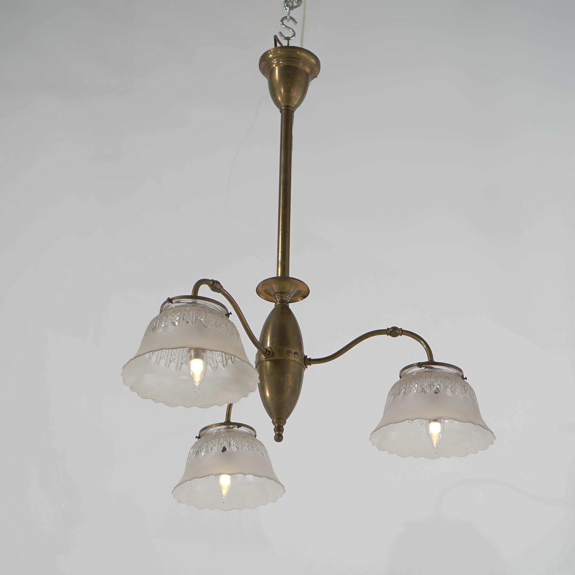 Antique Victorian Three-Light Brass & Glass Early Electric Fixture, 19th C In Good Condition In Big Flats, NY