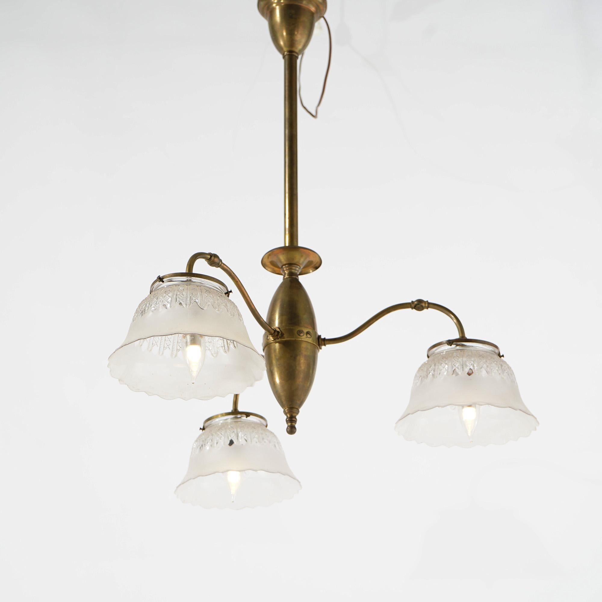 19th Century Antique Victorian Three-Light Brass & Glass Early Electric Fixture, 19th C