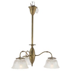 Antique Victorian Three-Light Brass & Glass Early Electric Fixture, 19th C