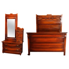 Antique Victorian Three-Piece Eastlake Chip Carved Oak Bedroom Suite, circa 1890