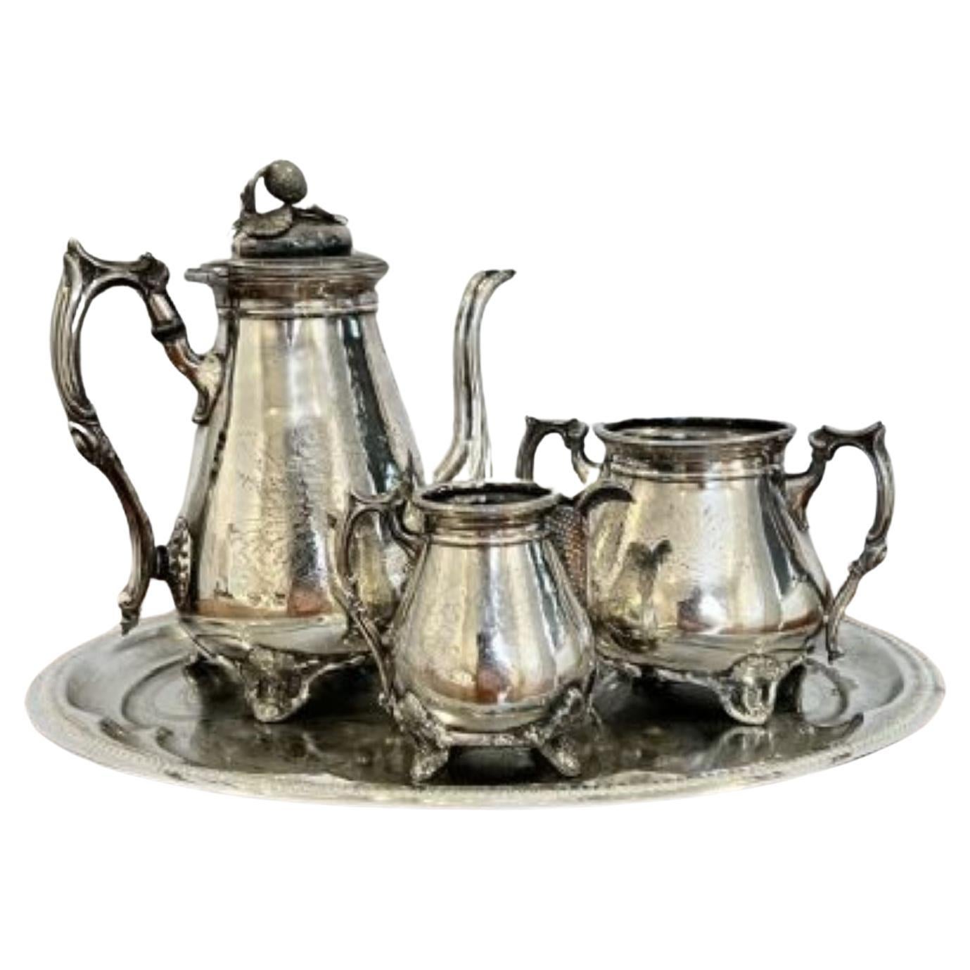 Antikes viktorianisches dreiteiliges Tee-Set und Tablett aus Tee 