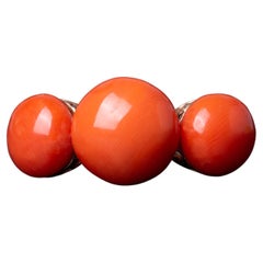 Antique Victorian Three Stone Coral Ring, Antique Sicilian Orange Coral Ring