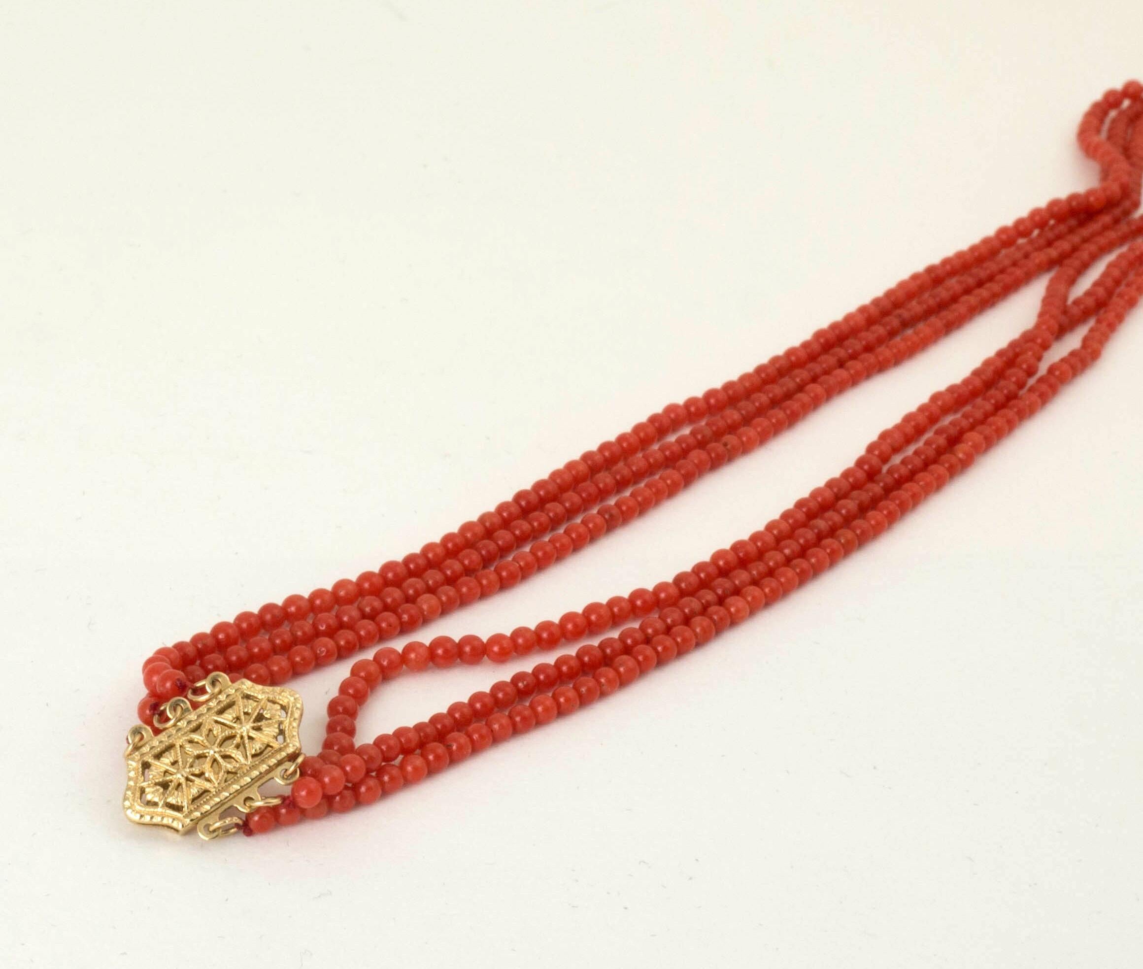 Antique Victorian Three Strands Red Orange Natural Coral Necklace 14 Karat Clasp 1