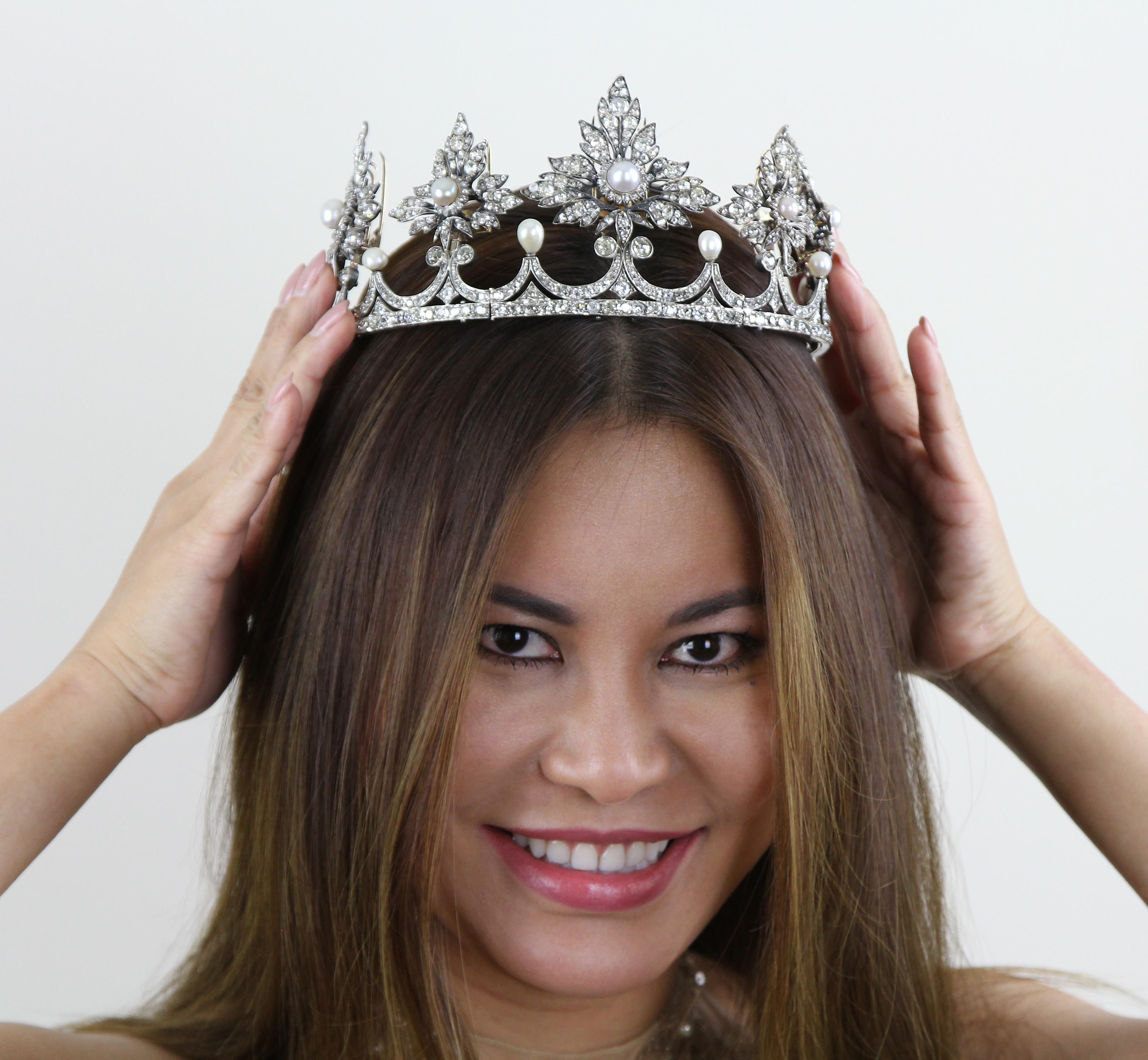 Antique Victorian Tiara Natural Pearl & Diamond Provenance & by Kendall Jenner 4