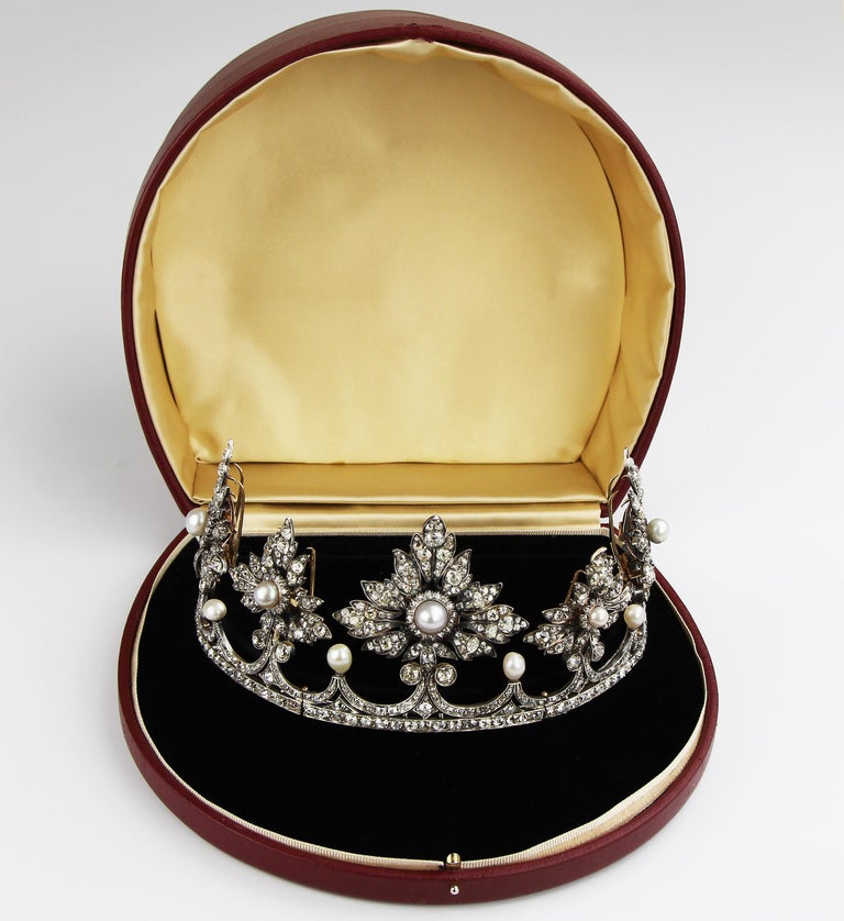 Antique Victorian Tiara Natural Pearl & Diamond Provenance & by Kendall Jenner In Good Condition In London, GB