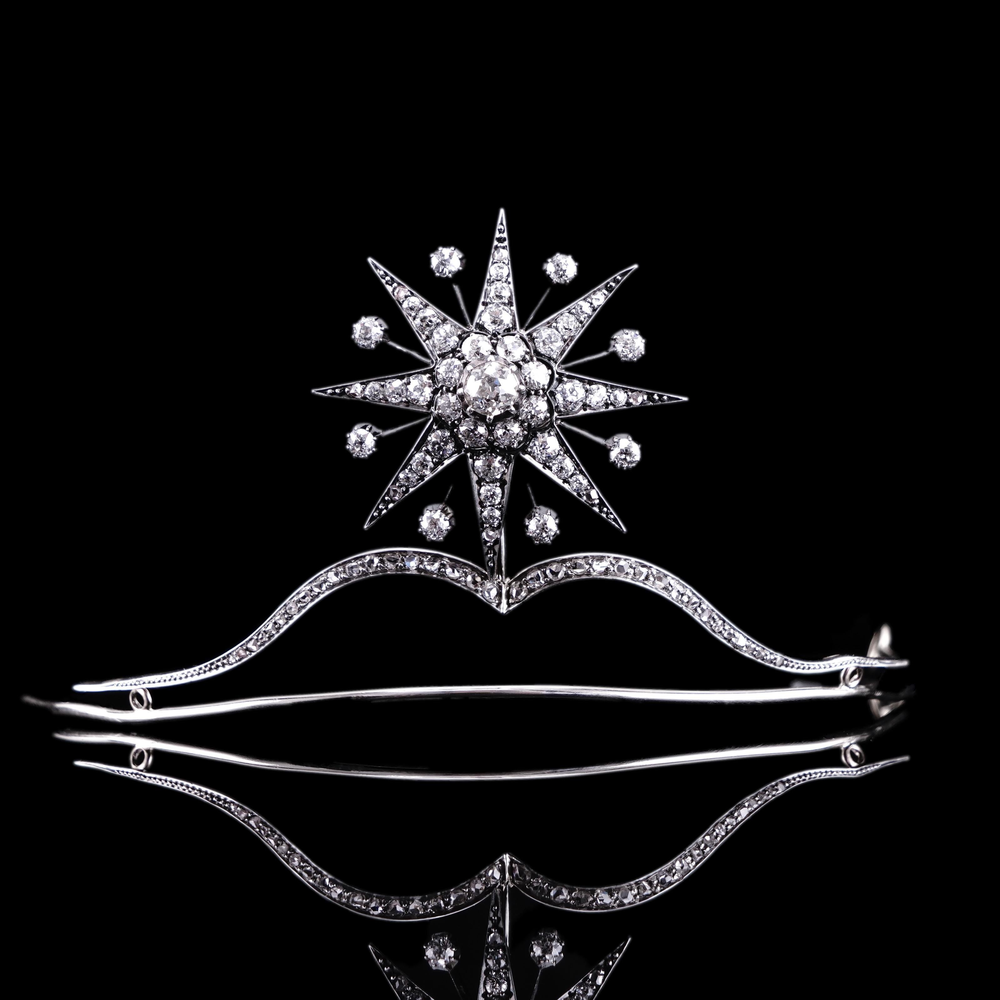 We are exceptionally delighted to offer this spectacular Victorian diamond star tiara made c.1890. The tiara will come in a fully fitted presentation case as photographed.

Upon pondering what could be the definitive image and symbol of crown