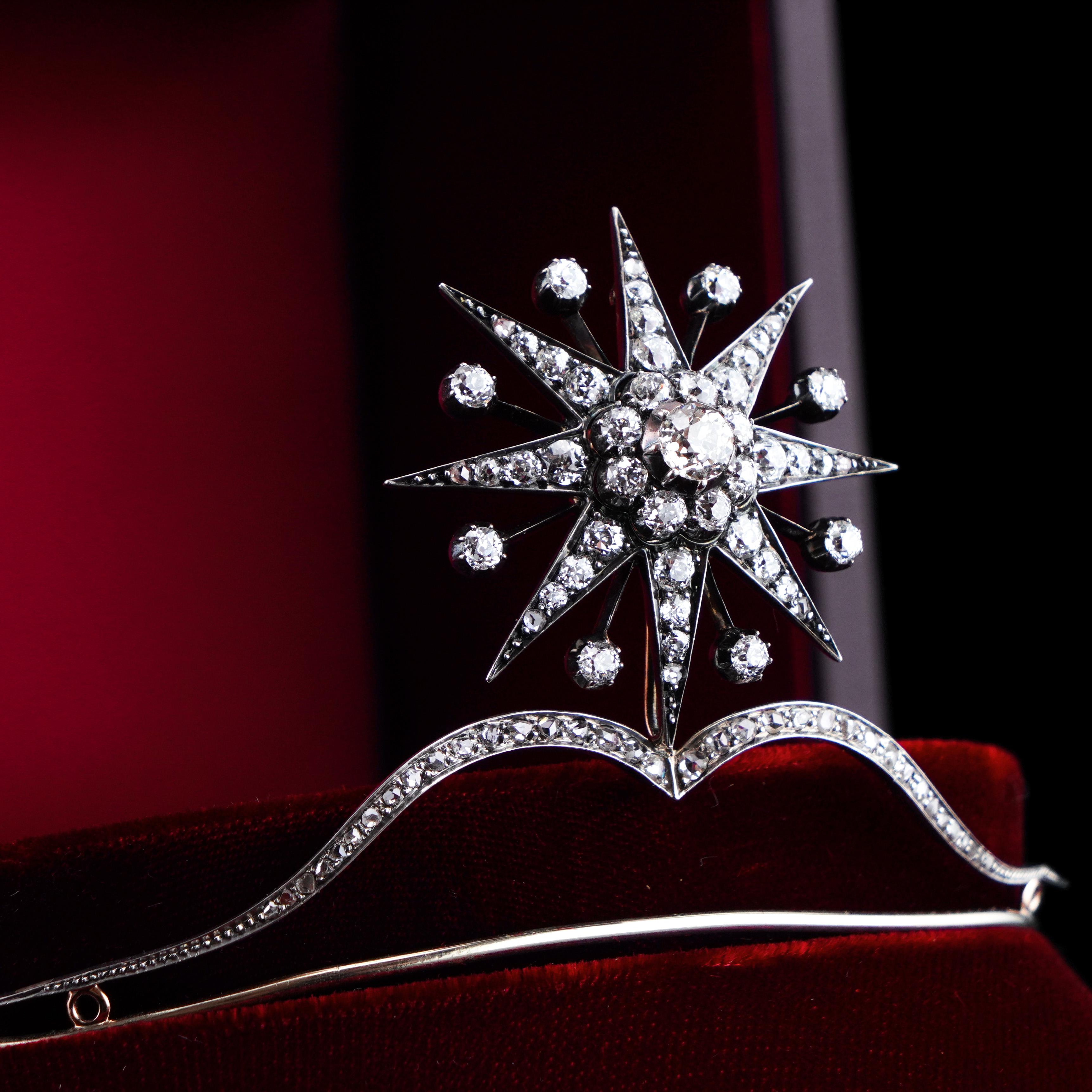 Old European Cut Antique Victorian Tiara with Diamond Star - c.1890 For Sale
