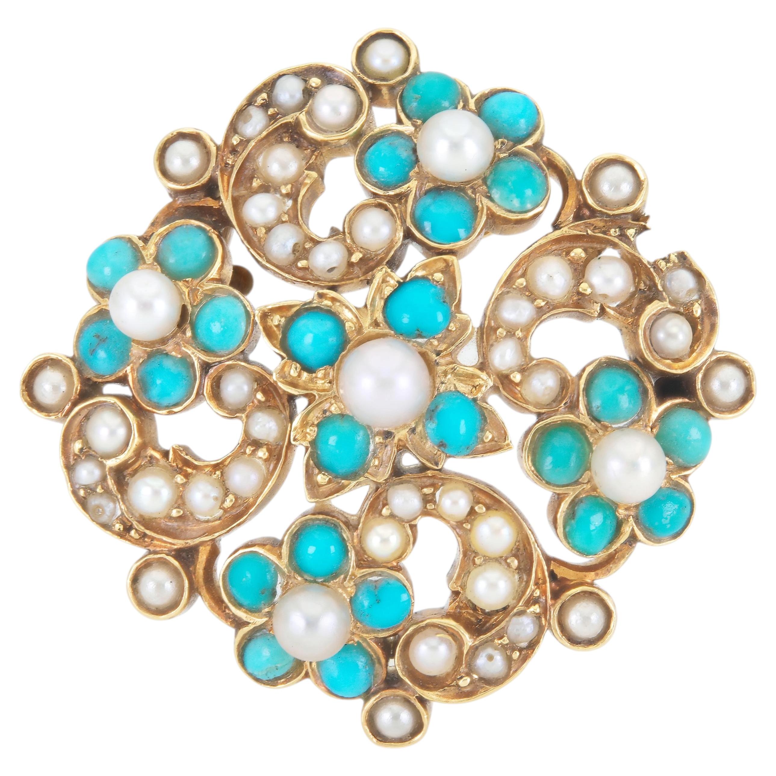 Antique Victorian Tiffany & Co. Turquoise and Pearl Brooch