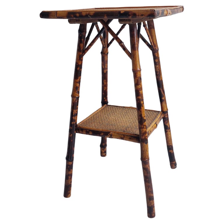 Antique Victorian Tiger Bamboo Two Tier Side table Original Grasscloth