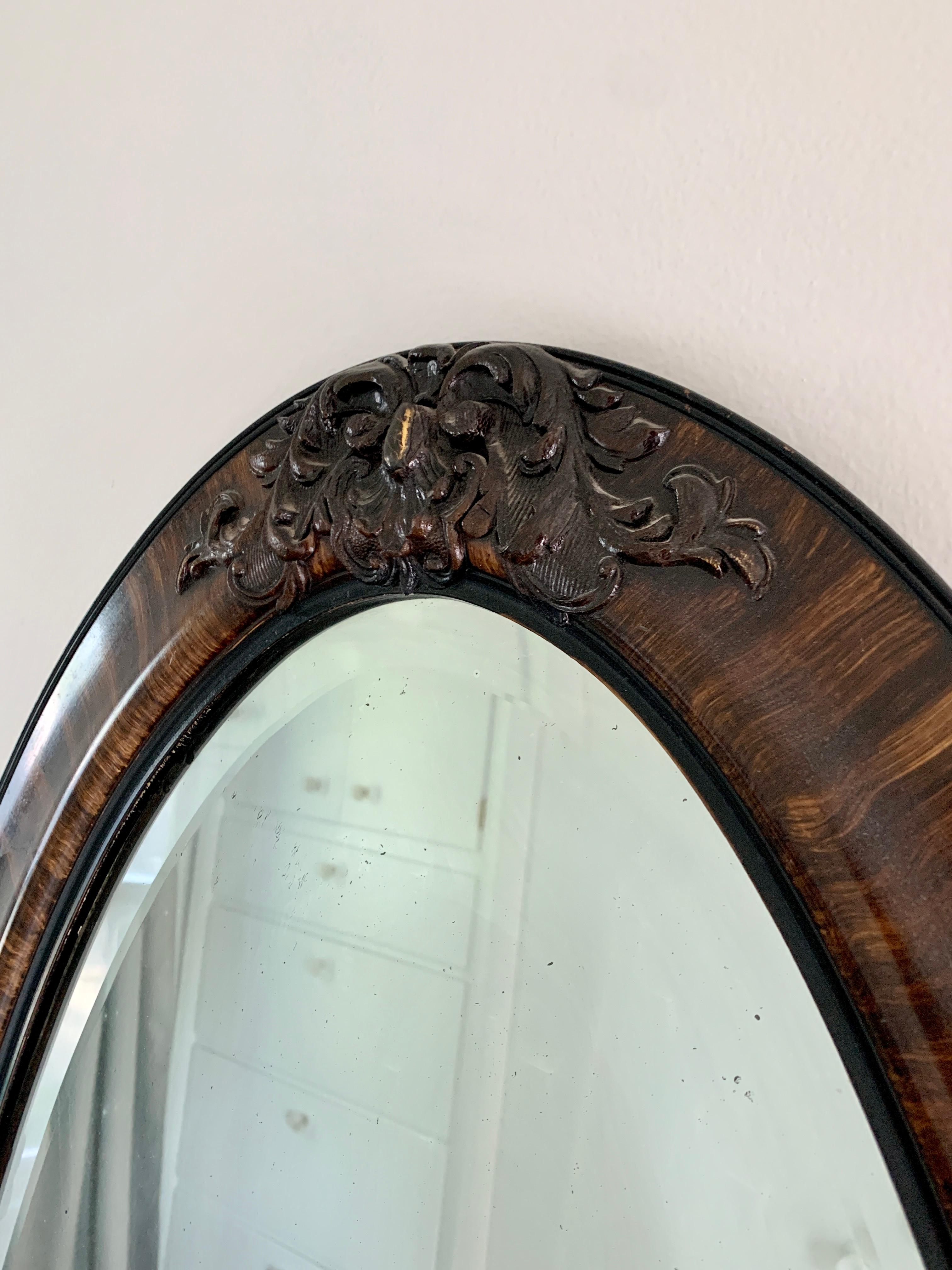 American Antique Victorian Tiger Oak Beveled Oval Wall Mirror, Late 19th Century For Sale