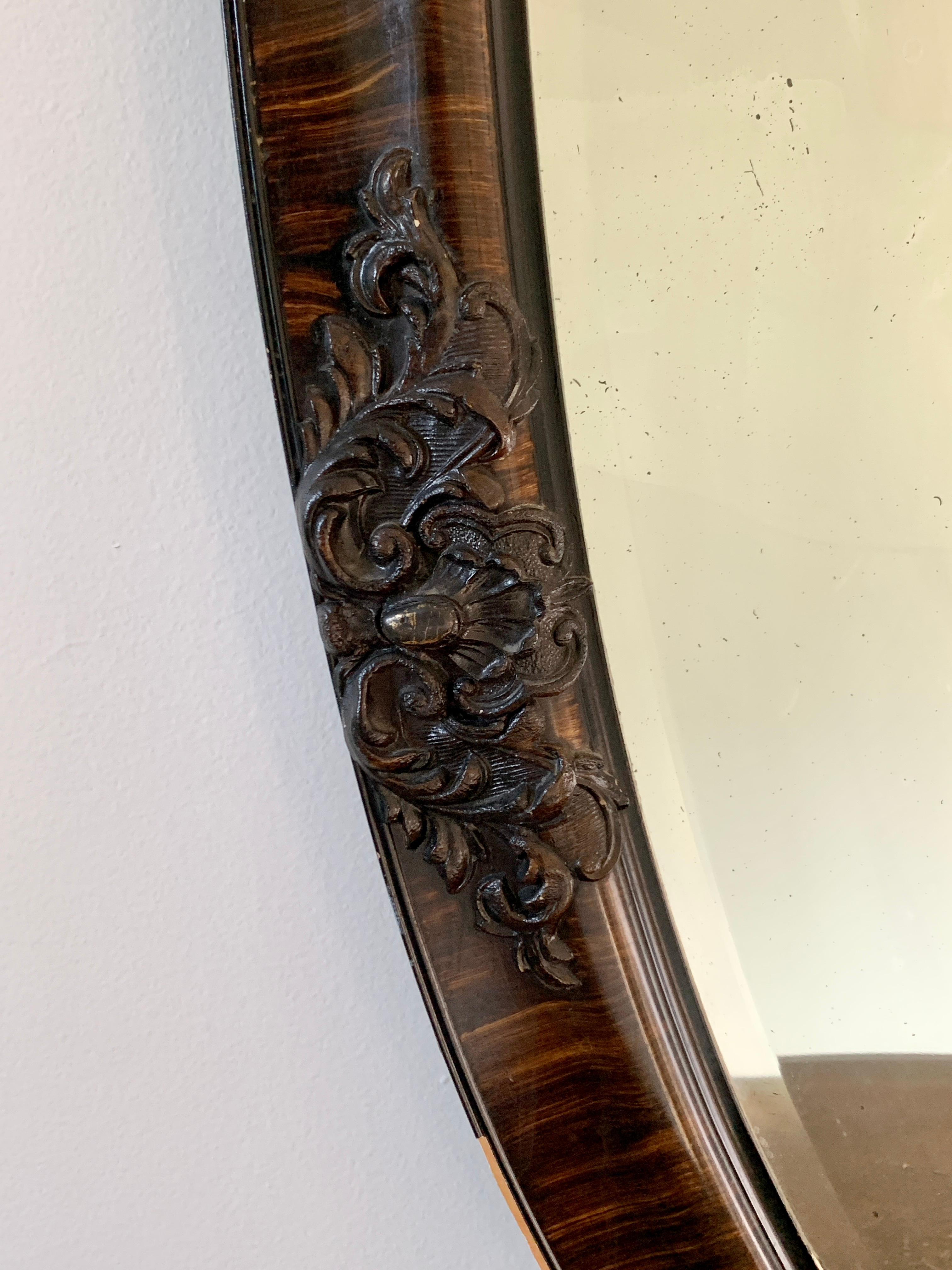 Antique Victorian Tiger Oak Beveled Oval Wall Mirror, Late 19th Century For Sale 3