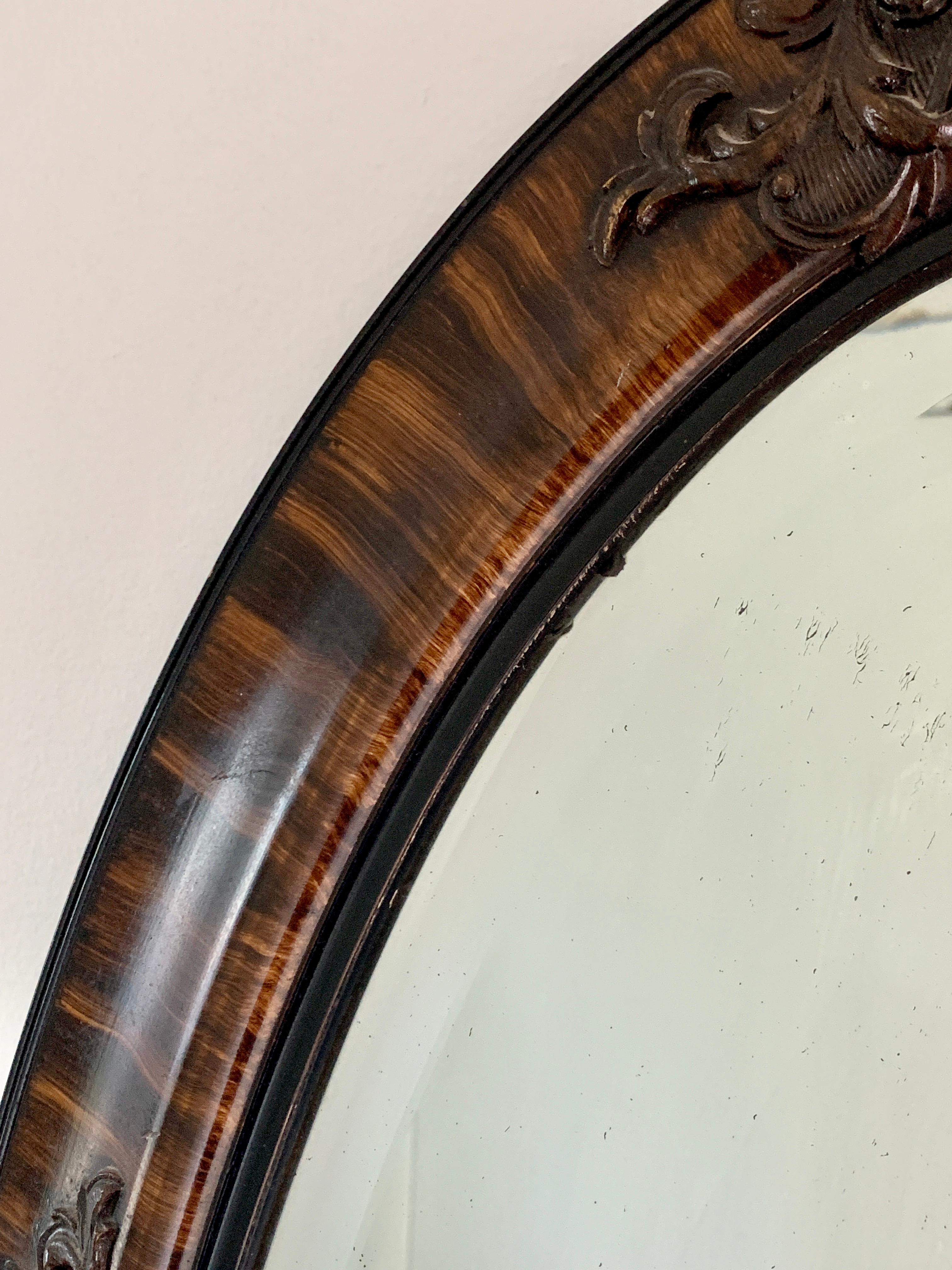 Antique Victorian Tiger Oak Beveled Oval Wall Mirror, Late 19th Century For Sale 5