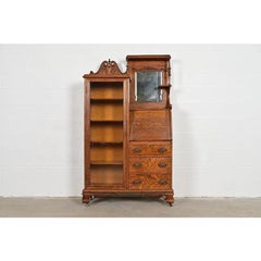 Antique Victorian Tiger Oak Bookcase Drop Front Secretary Desk, Circa 1900