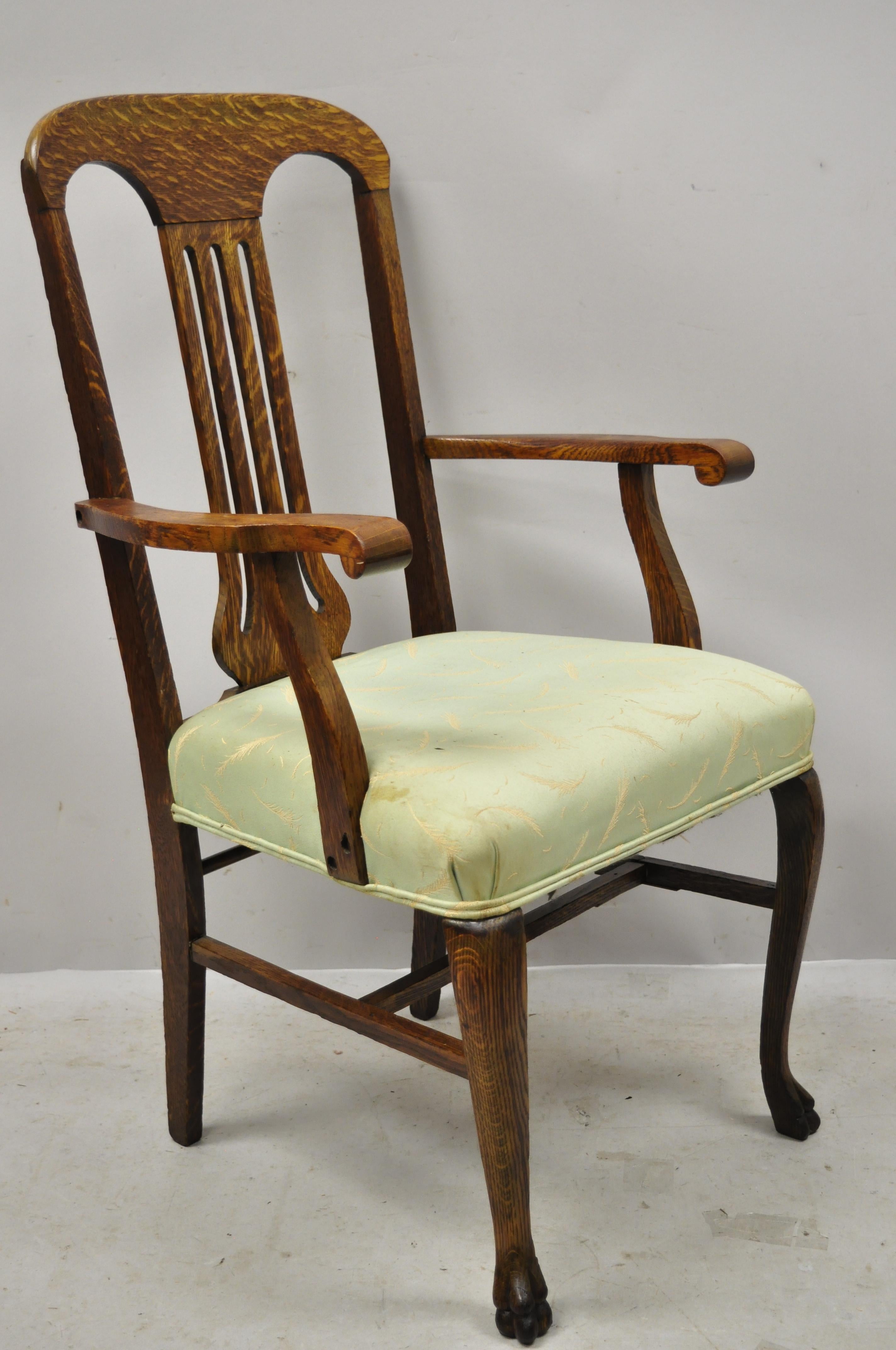 Antique Victorian Tiger Oak Carved Paw Foot Slat Back Dining Chairs, Set of 6 In Good Condition In Philadelphia, PA