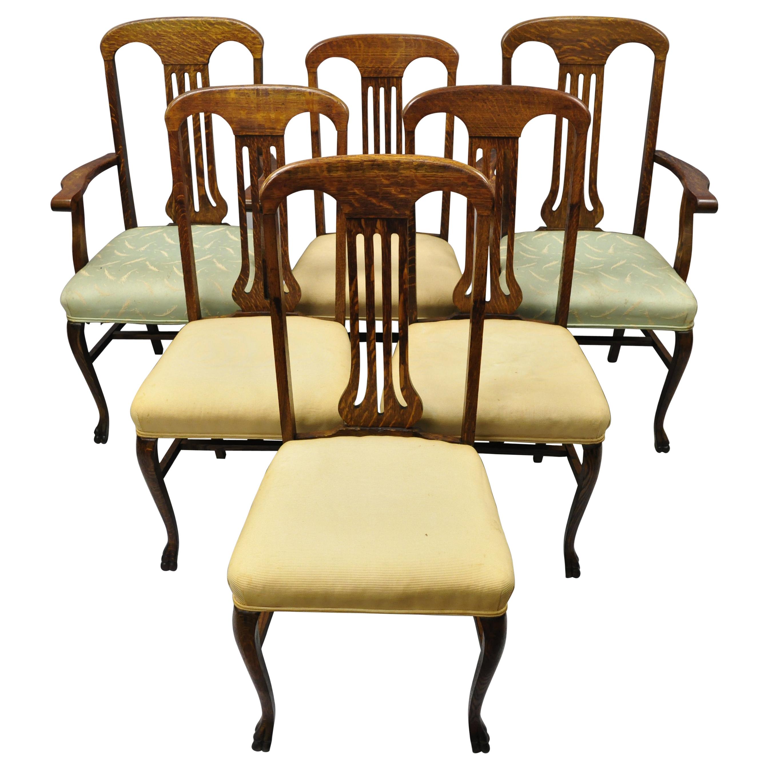 Antique Victorian Tiger Oak Carved Paw Foot Slat Back Dining Chairs, Set of 6