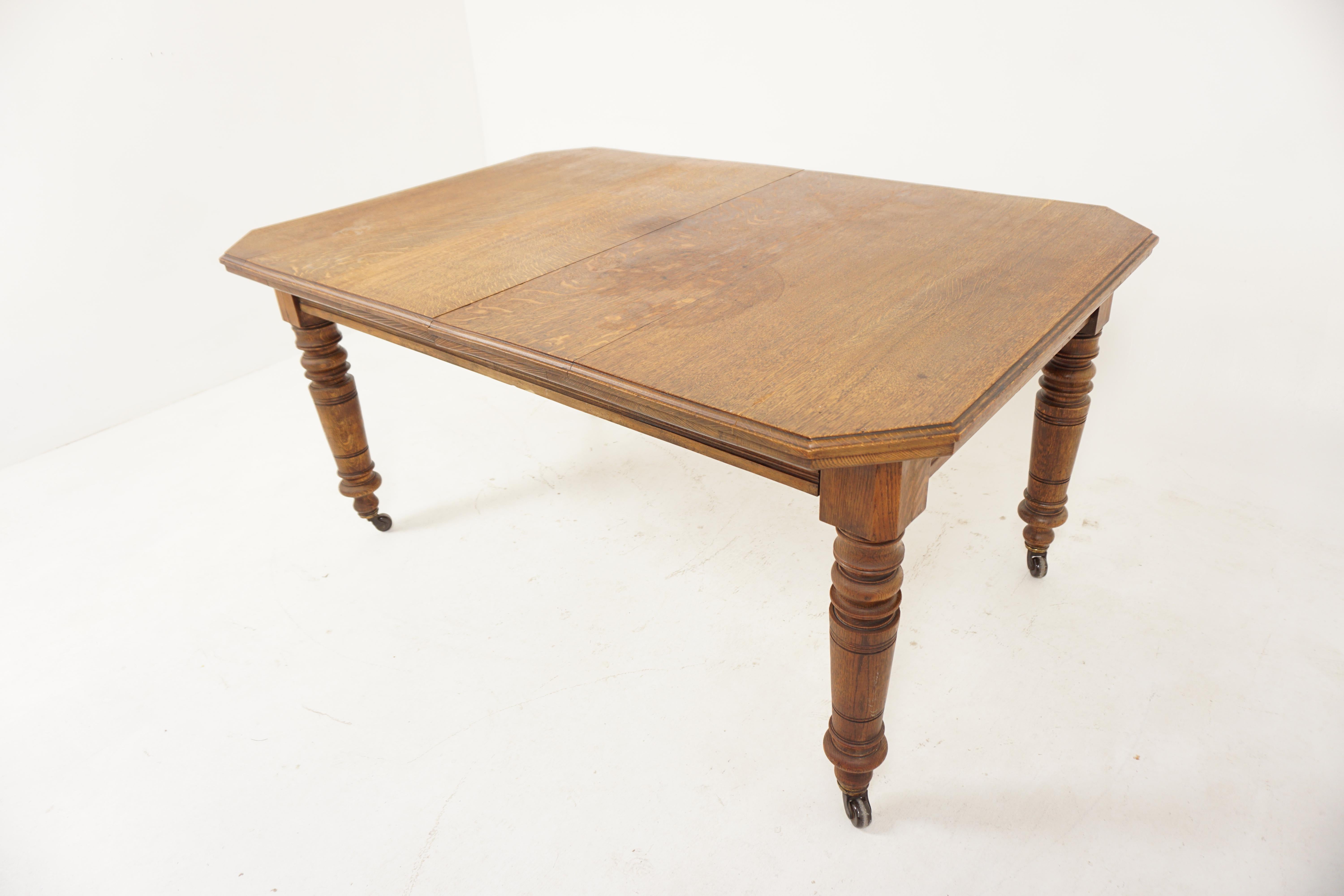 Antique Victorian tiger oak extending dining table, 1 leaf, Scotland 1890, B2914


Scotland 1890
Solid oak
Original finish
Rectangular top with shaped canted ends
Carved skirt underneath
All standing on four large turned legs
Table comes