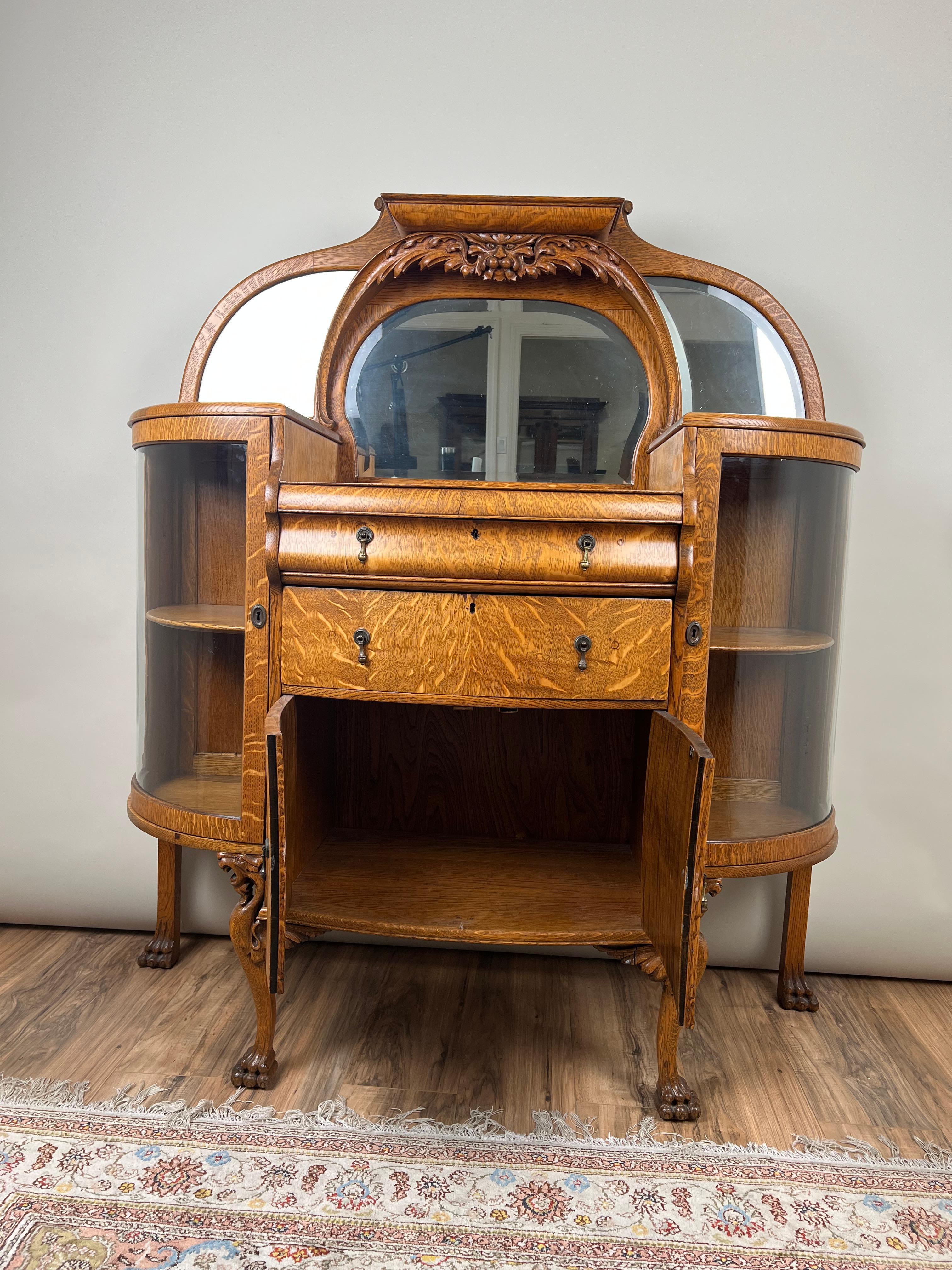 Antique Victorian Tiger Oak Green Man Buffet Server 2