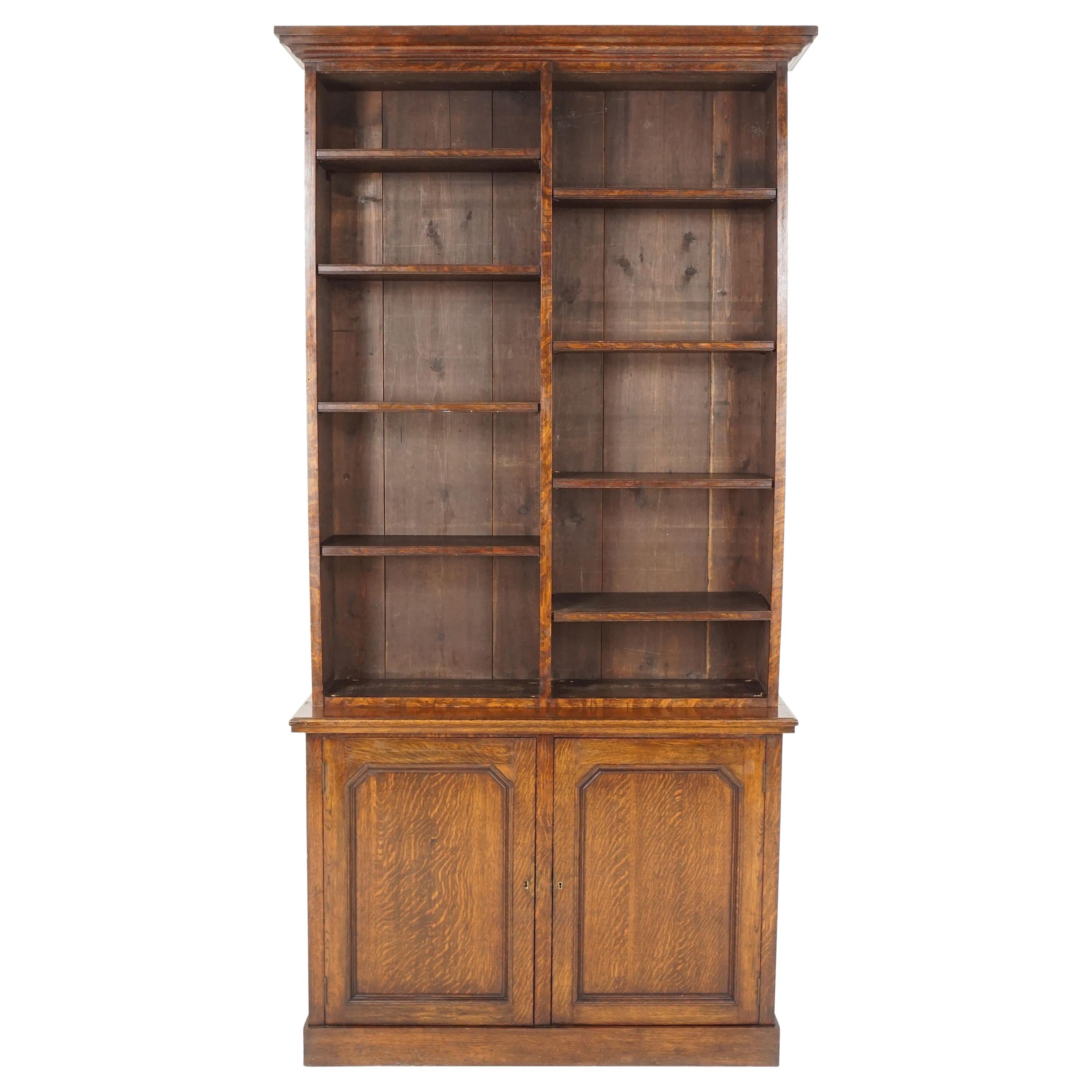 Antique Victorian Tiger Oak Open Bookcase Display Cabinet, Scotland 1890, B2340