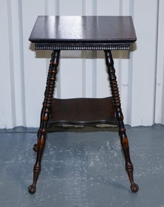 ANTIQUE VICTORIAN TIGER OAK SIDE TABLE TURNED BOBBIN LEGS WITH CAST iRON FEET