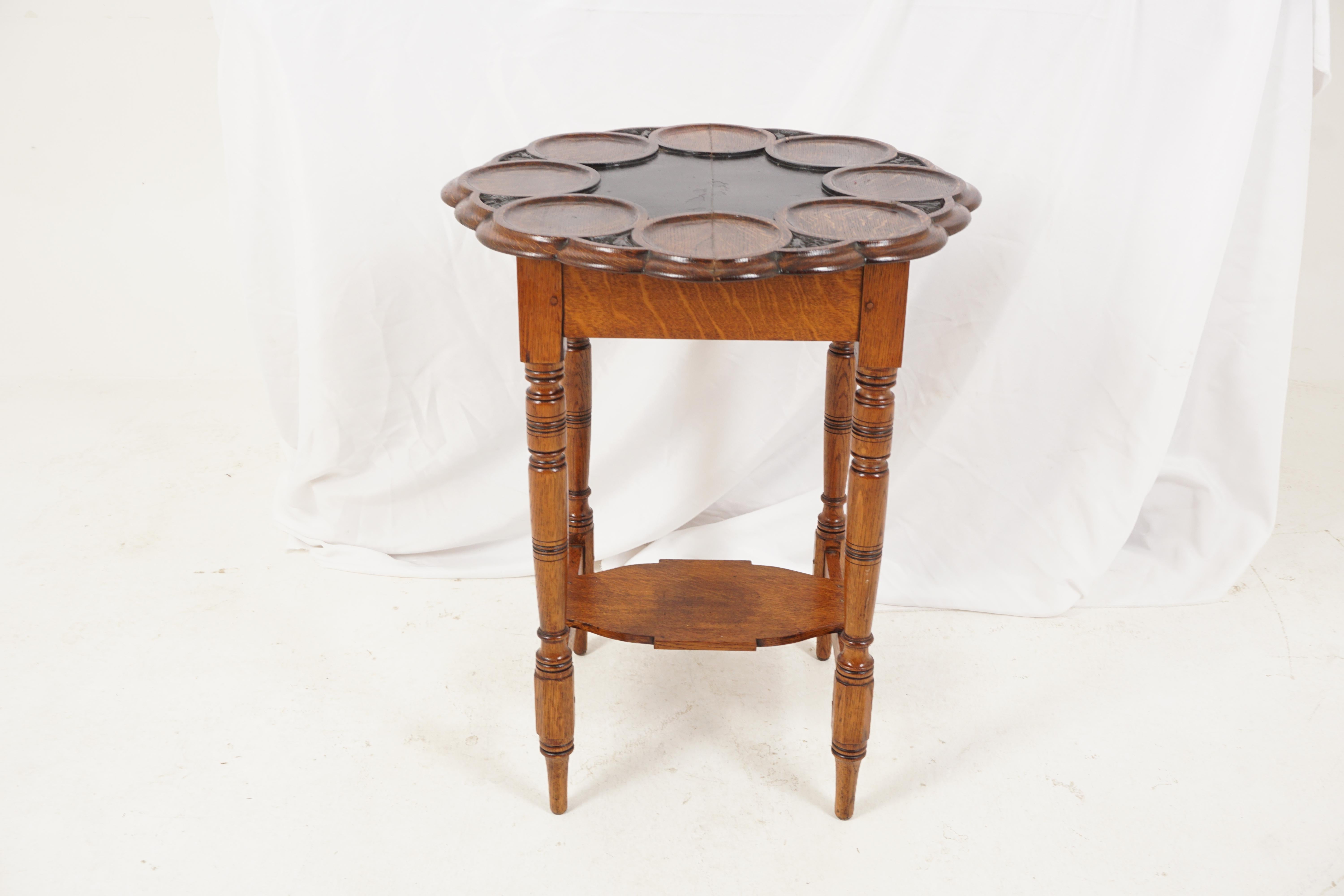 Antique Victorian Tiger Oak table, games table, Scotland 1900, H251

Scotland 1900
Solid Oak
Original finish
Circular top with moulded edge
Eight circular shelves adorn the top
All standing on 4 turned legs 
United by stretchers and with an