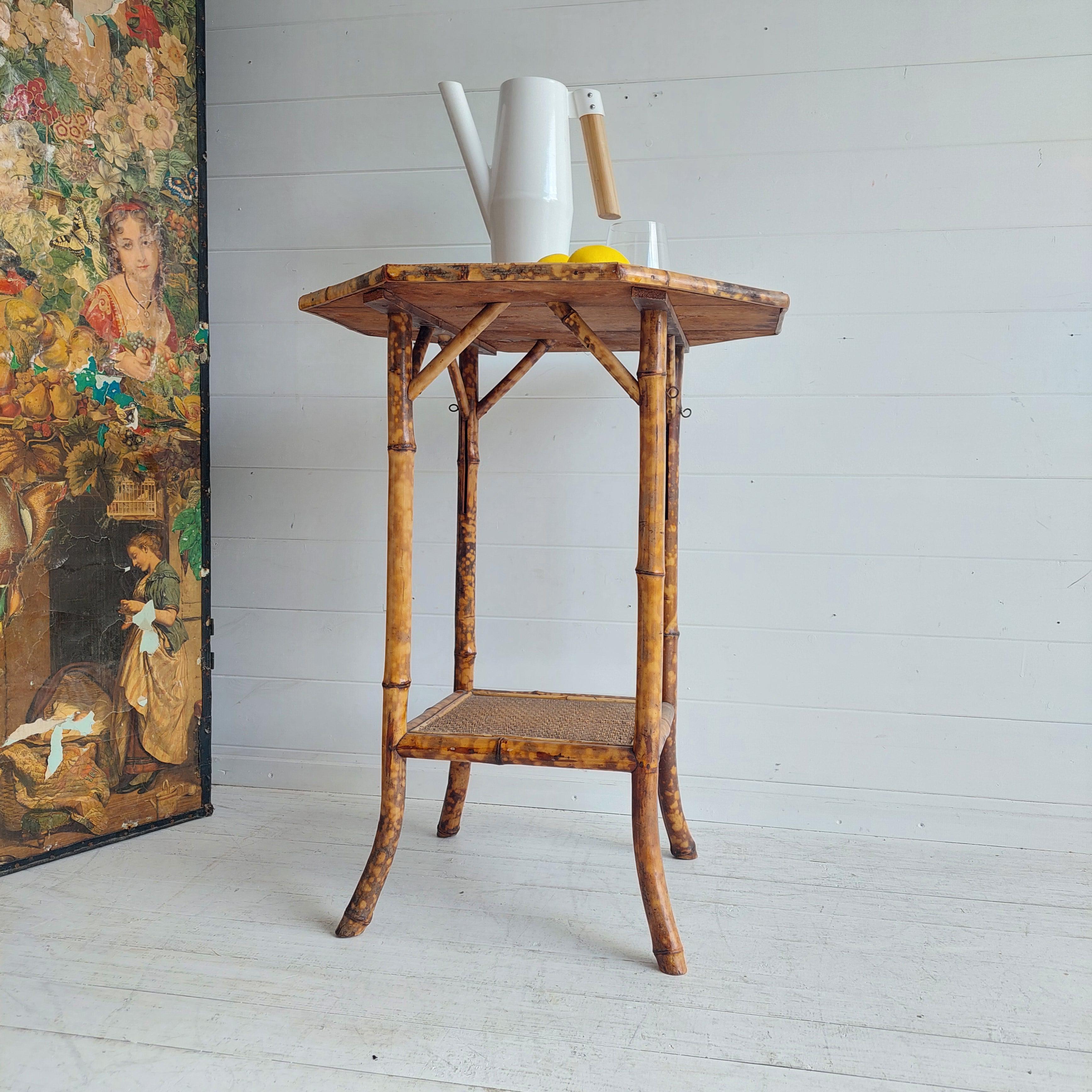 British Antique Victorian Tiger Octagonal Bamboo Grass cloth  Side End Lamp table, 1900s