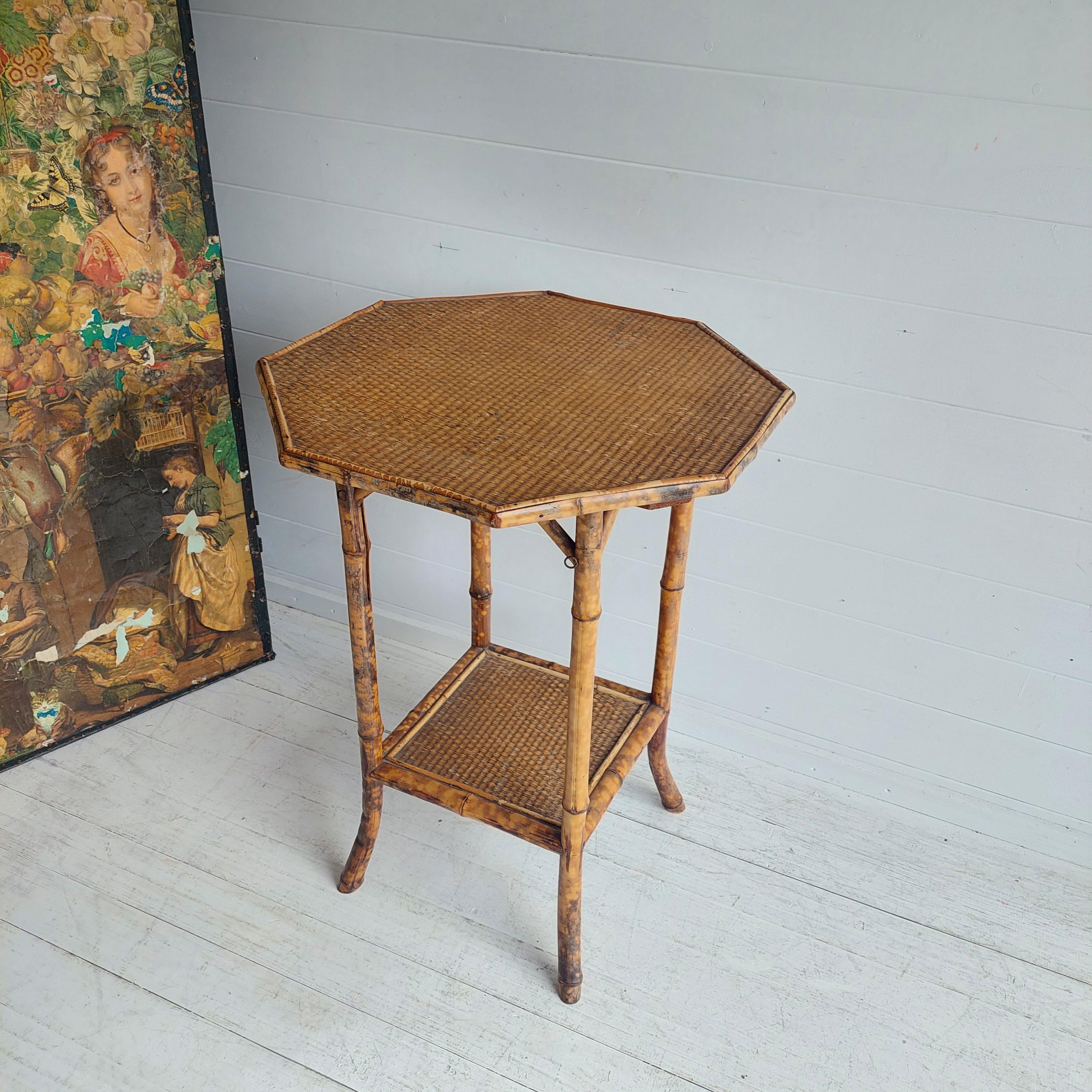 20th Century Antique Victorian Tiger Octagonal Bamboo Grass cloth  Side End Lamp table, 1900s