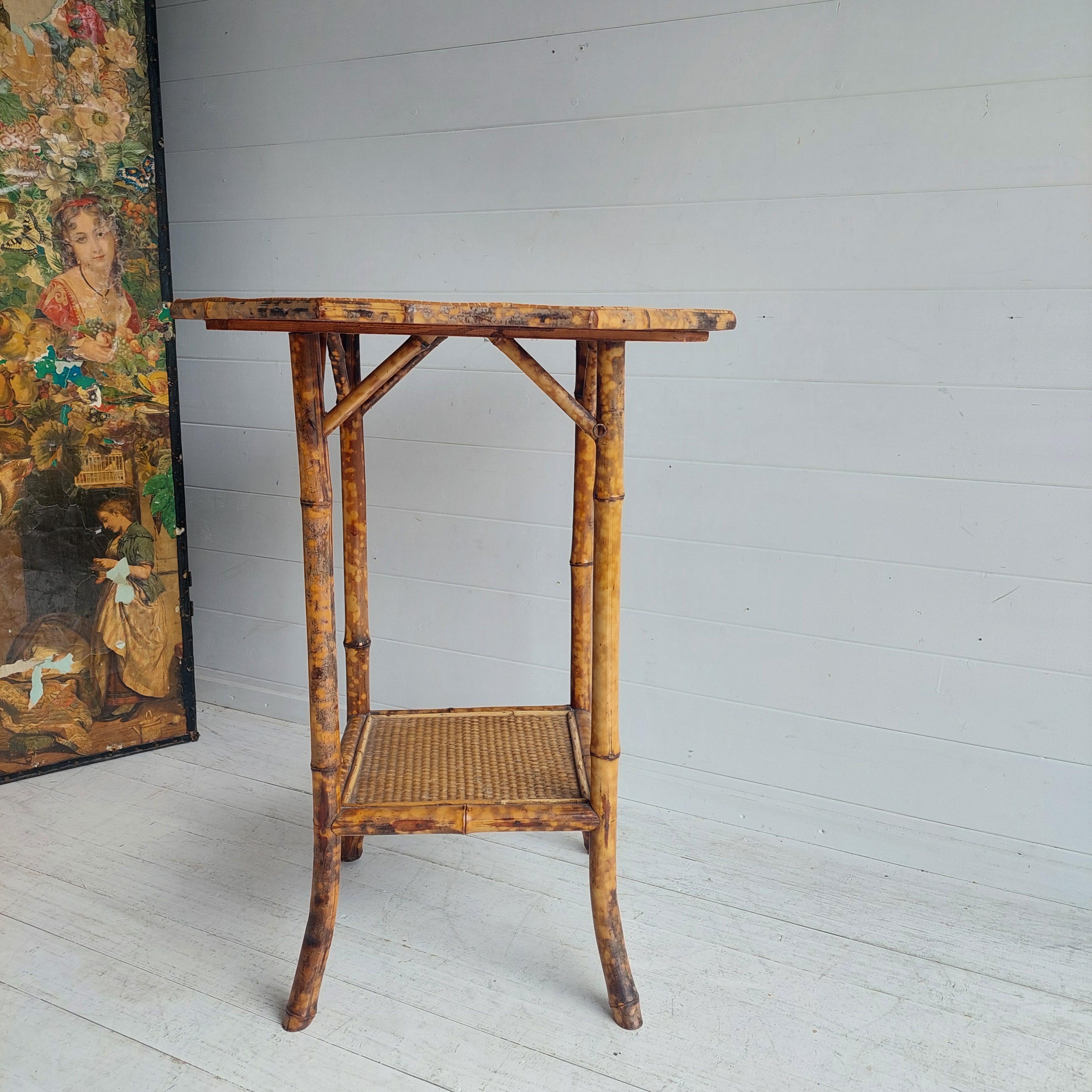 Grasscloth Antique Victorian Tiger Octagonal Bamboo Grass cloth  Side End Lamp table, 1900s